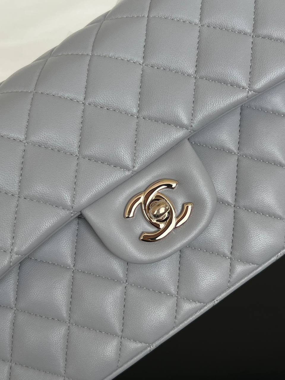 Chanel Light Grey Lambskin Quilted Classic Flap Top Handle Bag