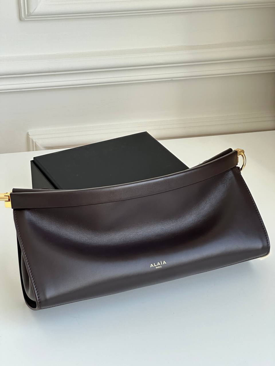 ALAÏA Dark Brown Smooth Calfskin Ruched Long Shoulder Bag, Detachable Strap Compatible