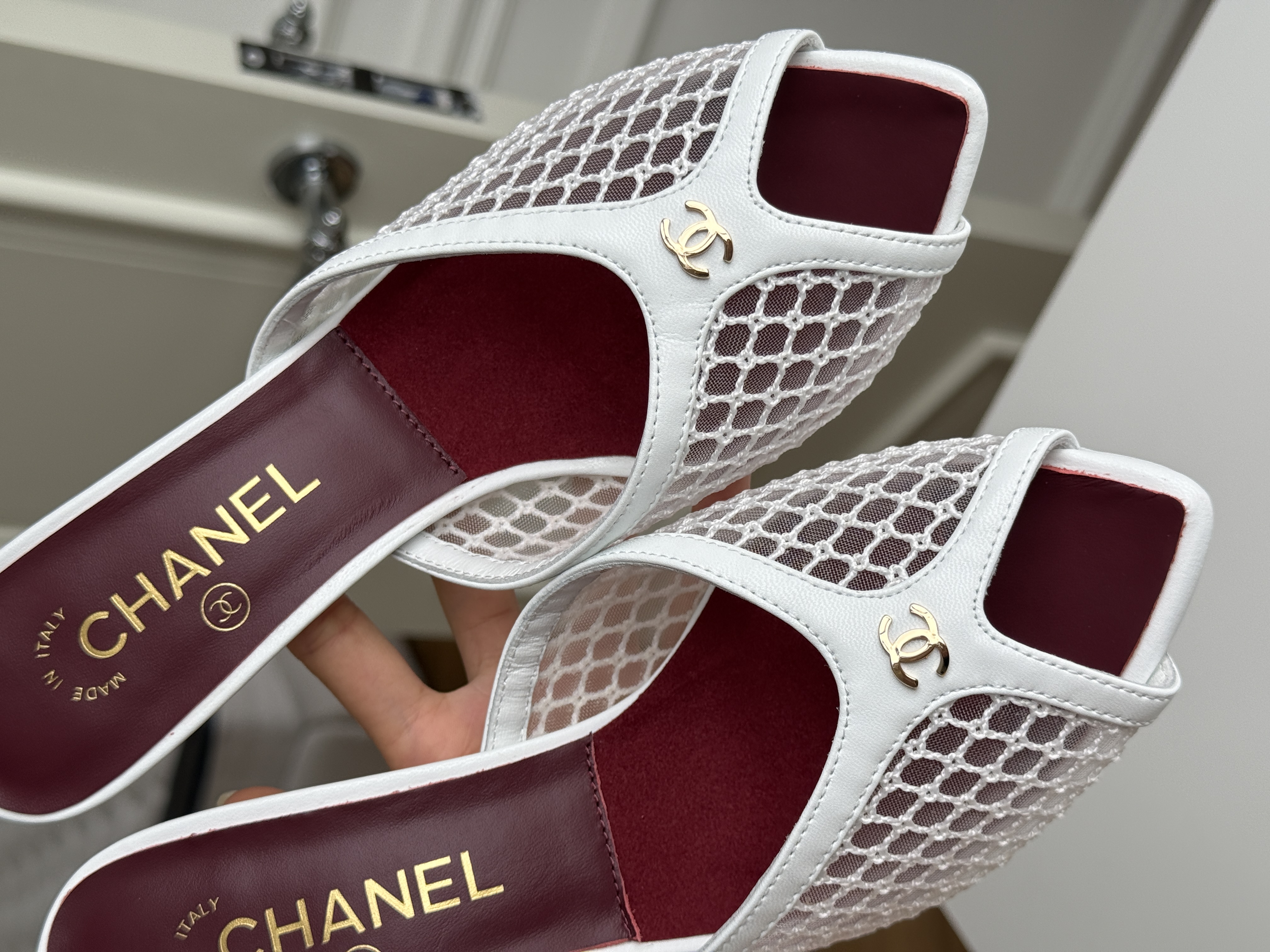 CHANEL Mesh Peep-Toe CC Block Heel Slide Mules