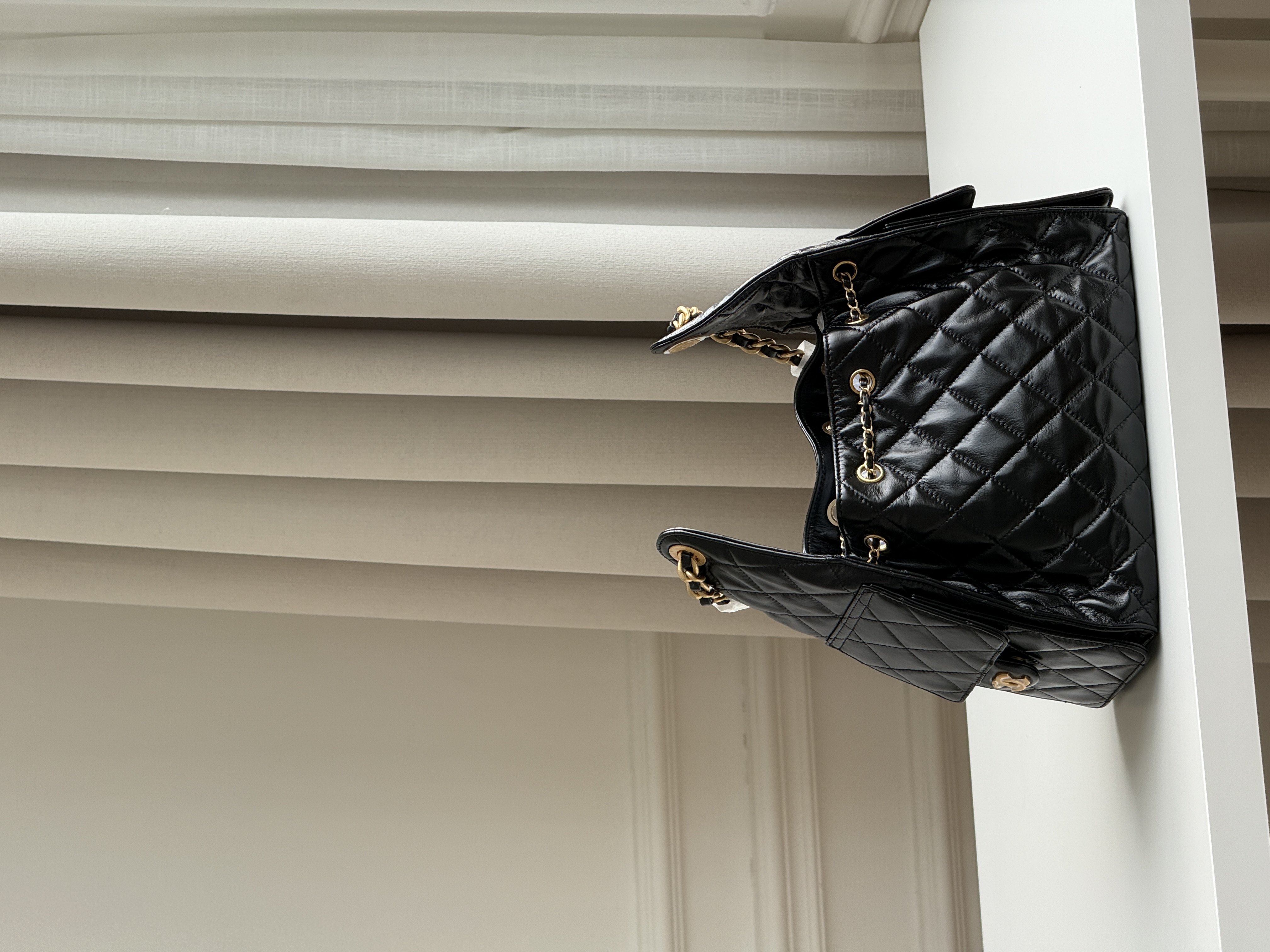 Chanel 25C Black Gold Waxed Leather Drawstring Hobo Bag