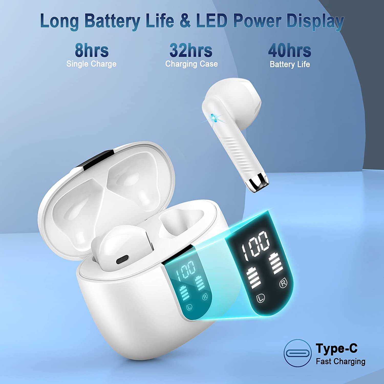True Wireless for 5.3 In-Ear Earbuds 13mm Dynamic Drivers HiFi Stereo Sound CVC8.0 Microphone LED ANC IPX4