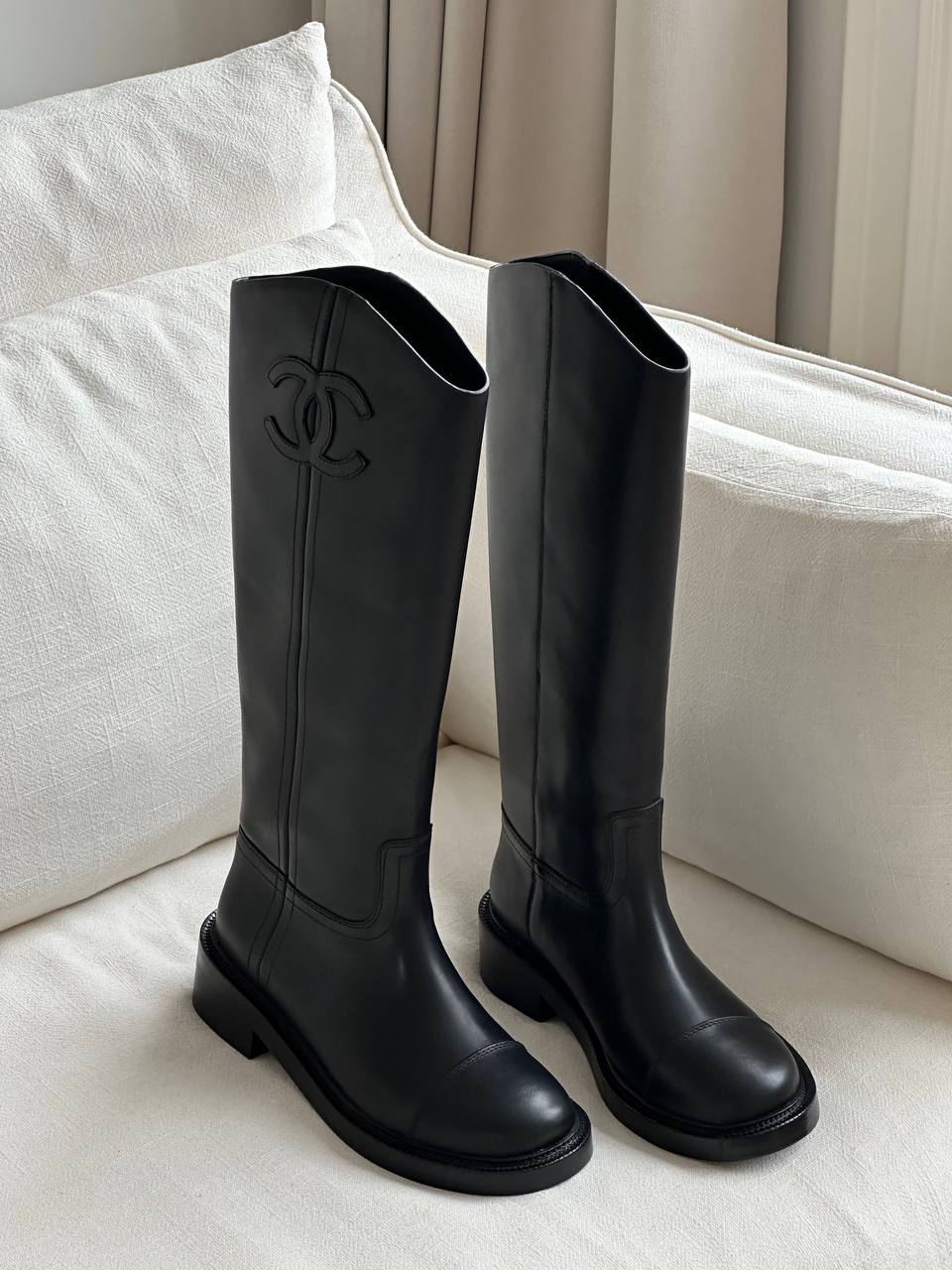Chanel Black Calfskin Embossed CC Low Heel Knee-High Riding Boots