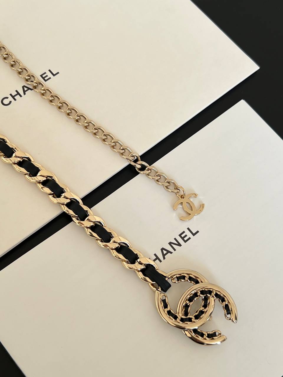 Chanel Leather Interwoven Metal Chain CC Pendant Necklace