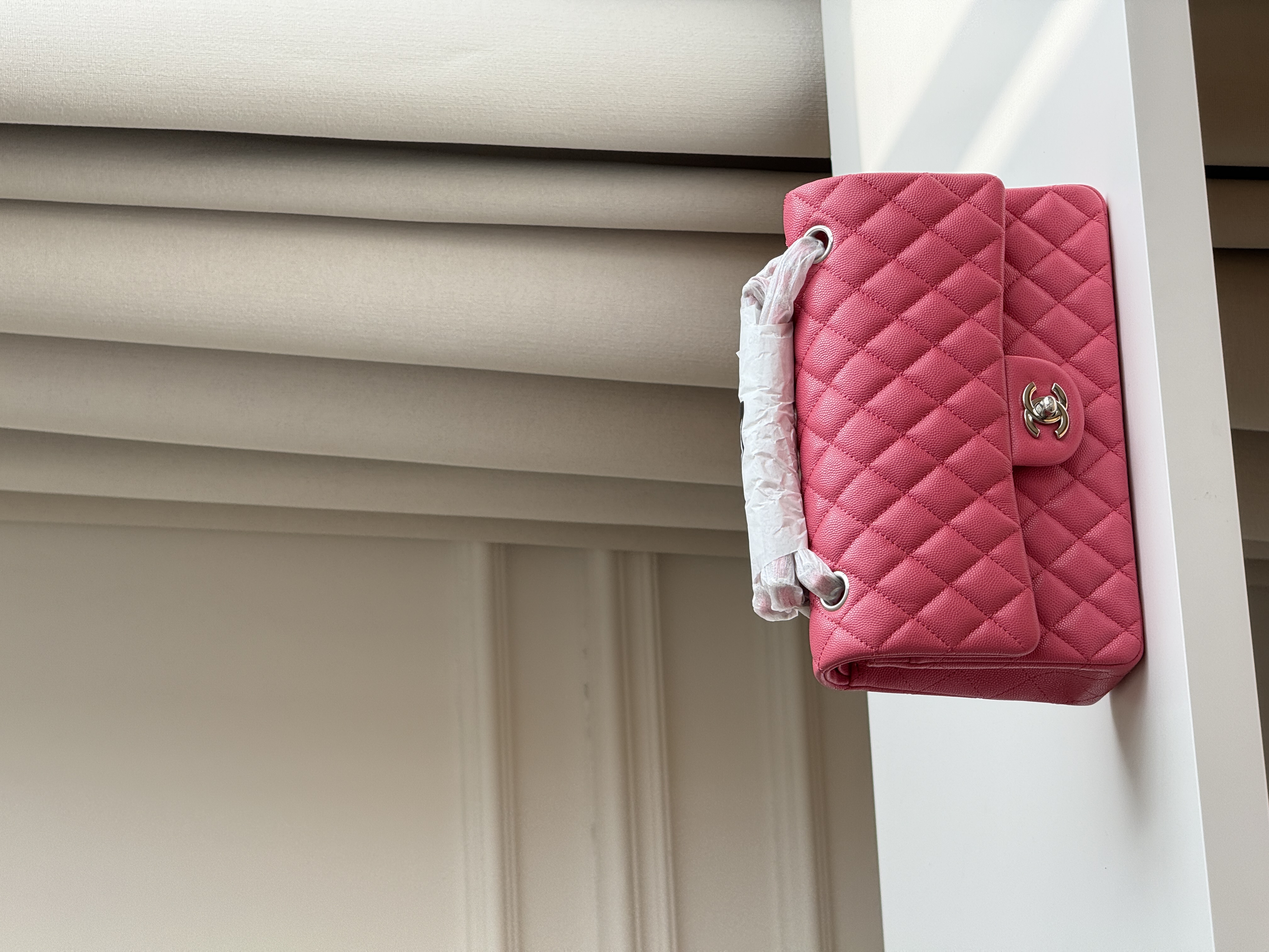 Chanel Medium Classic Flap Hot Pink Caviar Leather Diamond Quilt Silver Turn-Lock CC Chain Crossbody Bag