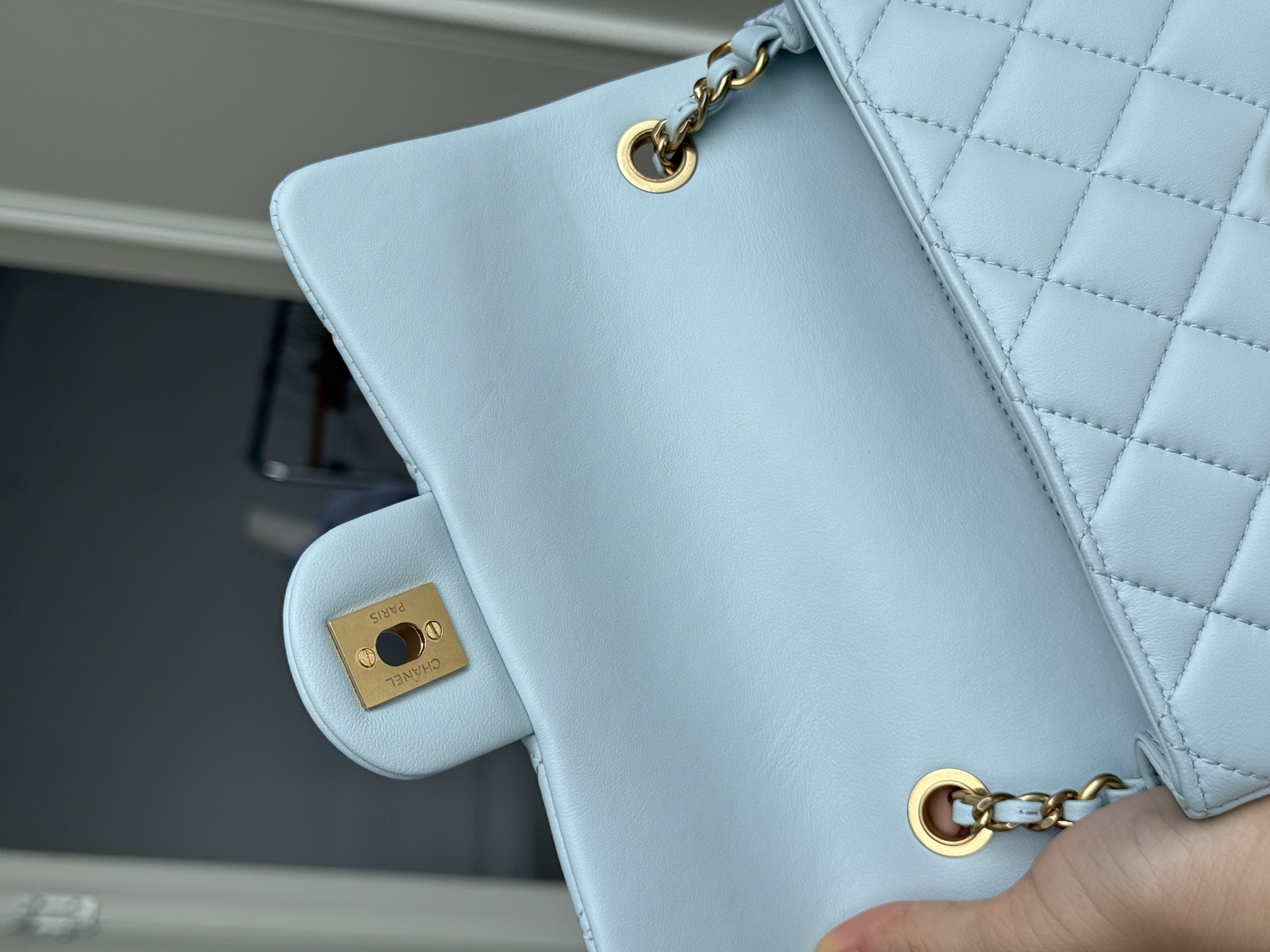 Chanel Light Blue Caviar Leather Classic Flap Silver CC Chain Bag