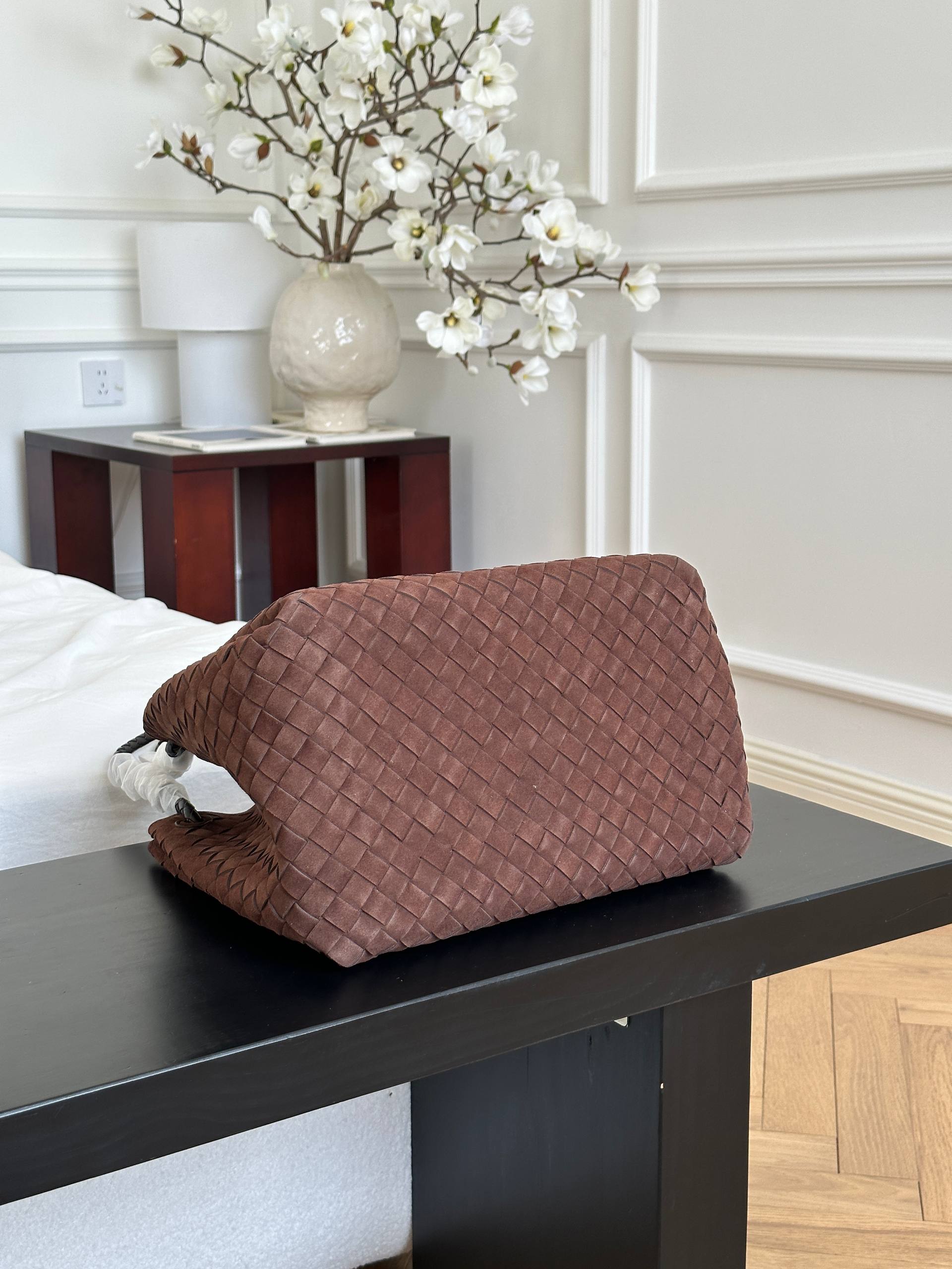 Bottega Veneta Dark Brown Suede Intrecciato Woven Knot Tote Bag