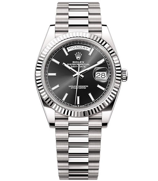 Rolex Day-Date 40 Presidential Black dial, Fluted Bezel, President bracelet, White gold Watch【1:1 Replica】