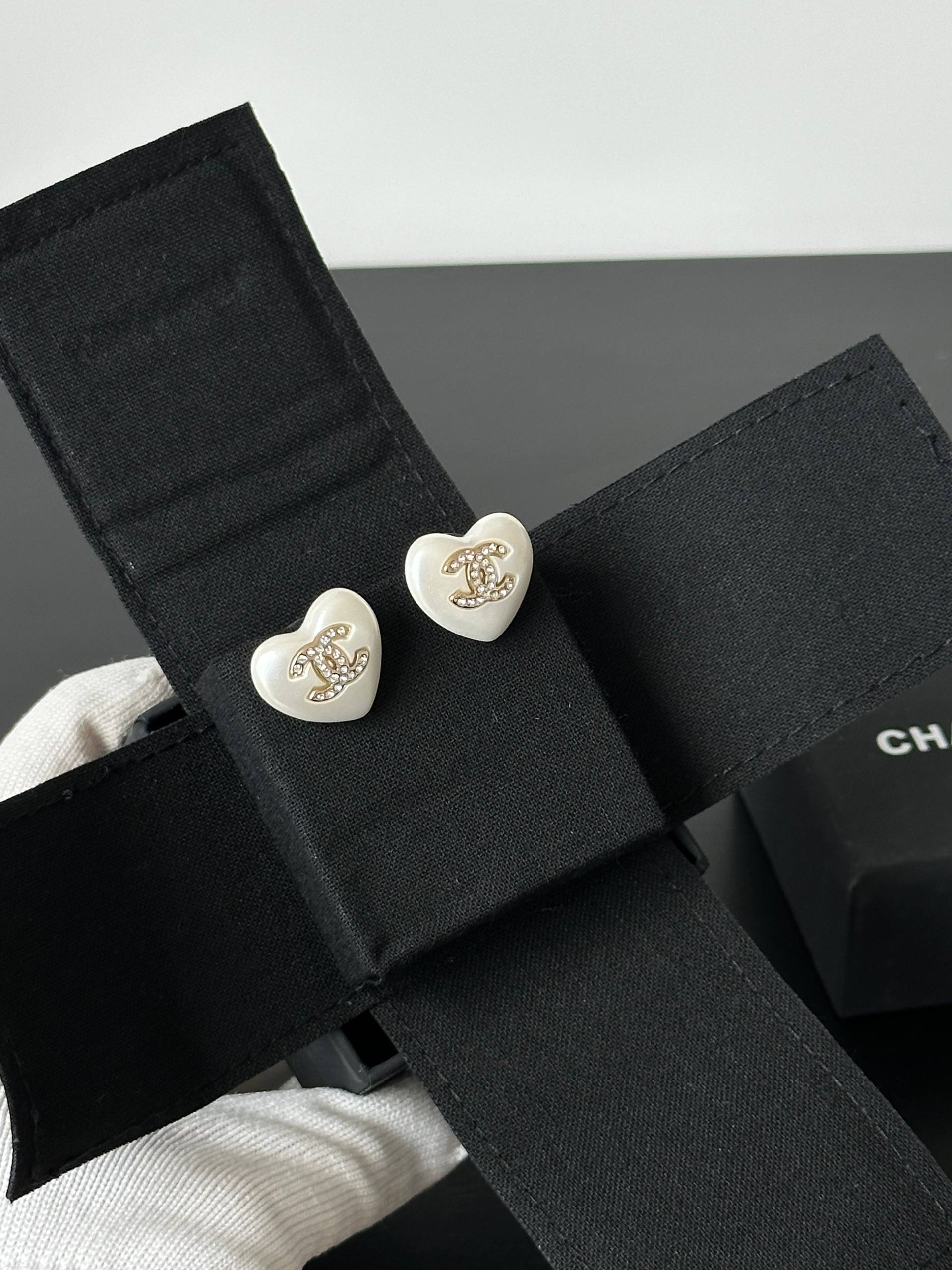 Chanel Heart Mother-of-Pearl Crystal CC Stud Earrings