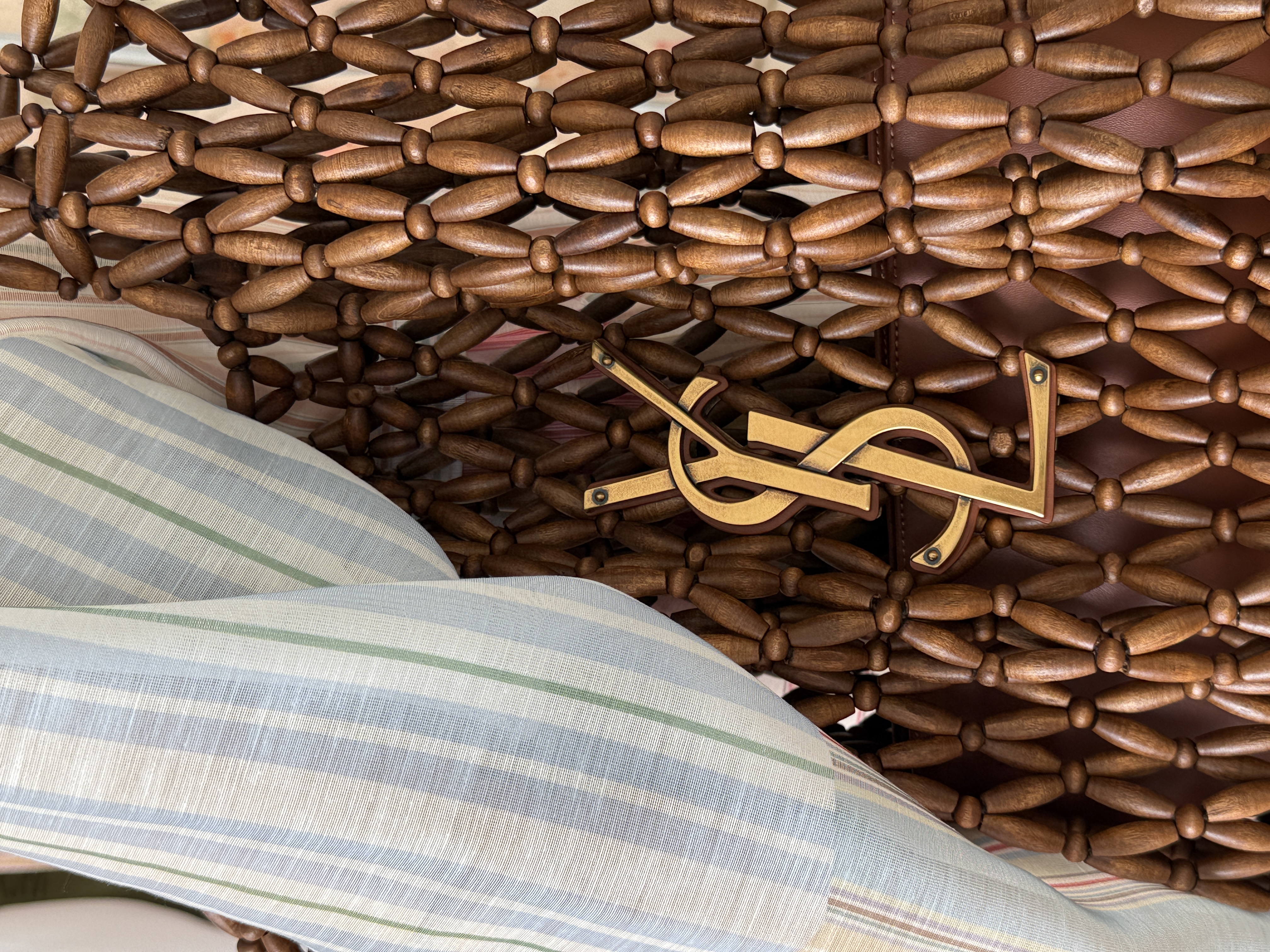 YSL Wooden Bead Open-Weave Tote Beach Bag