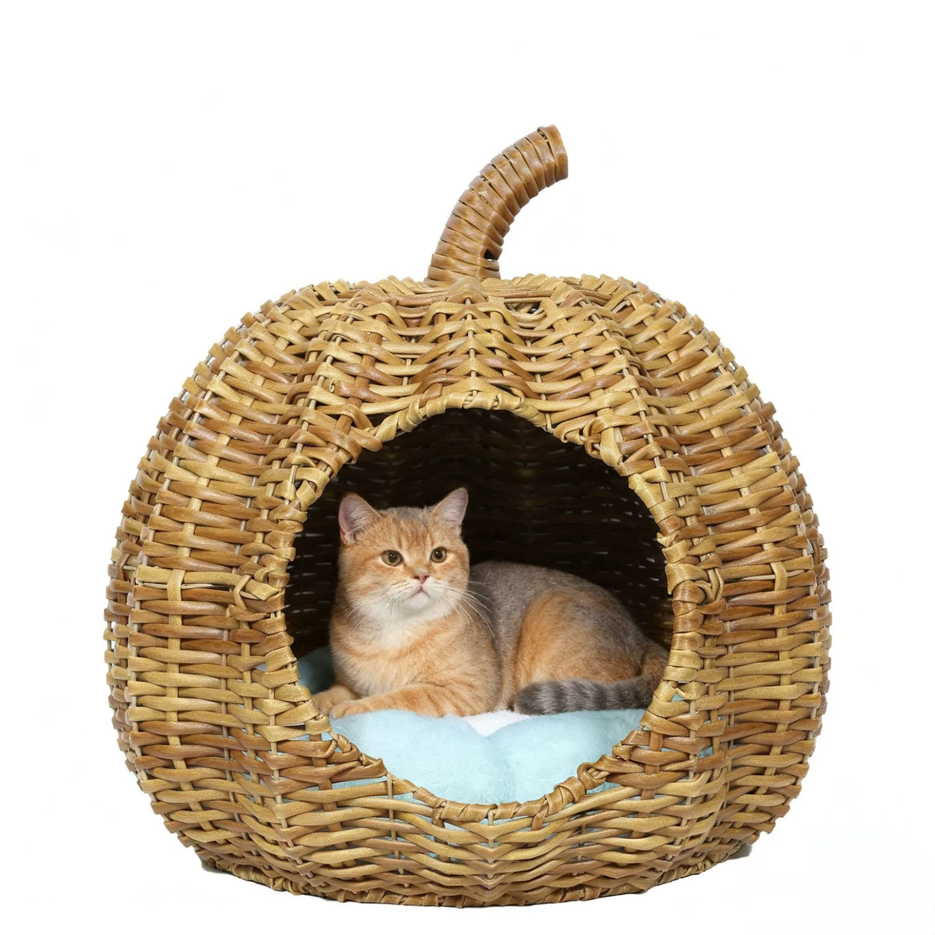 Pumpkin Natural Rattan Pet House - Handmade Breathable Wicker Basket for Scratching and Sleeping - MAISONKAIRON