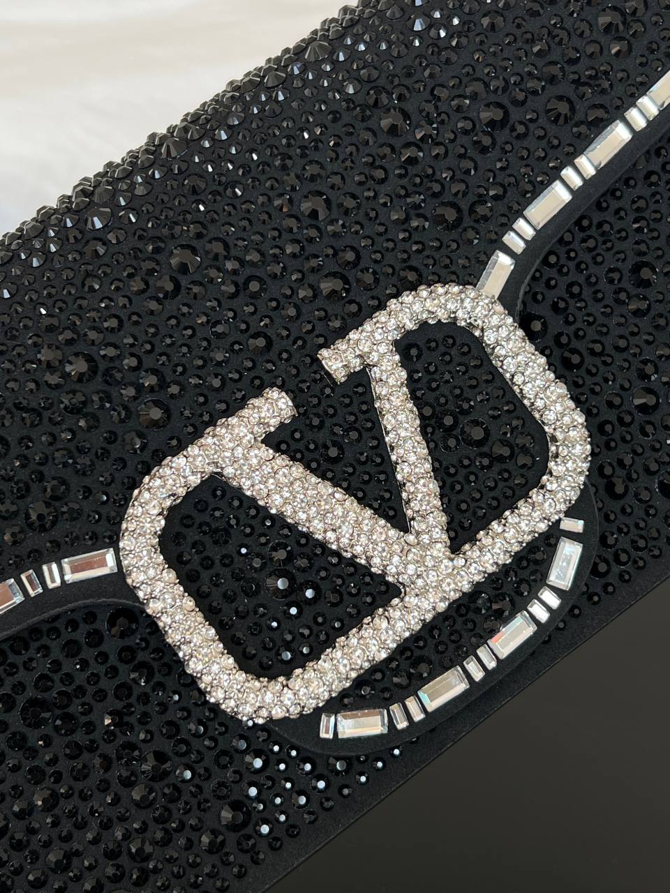 VALENTINO One Stud Crystal V Logo Satin Clutch Evening Bag