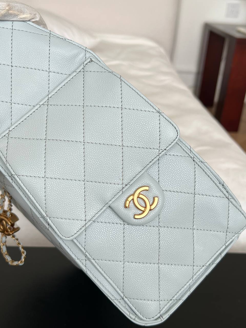 Chanel Pale Ice Blue Caviar Leather CC Drawstring Quilted Flap Bucket Bag