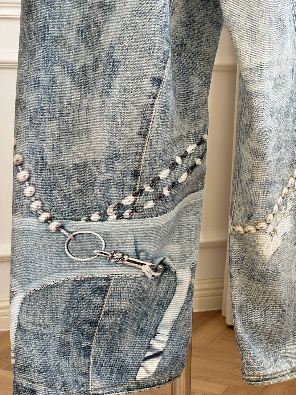 Acne Studios 25FW 2006 Wide-Leg Curved Jeans with Trompe-l'oeil Lace & Pearl Print