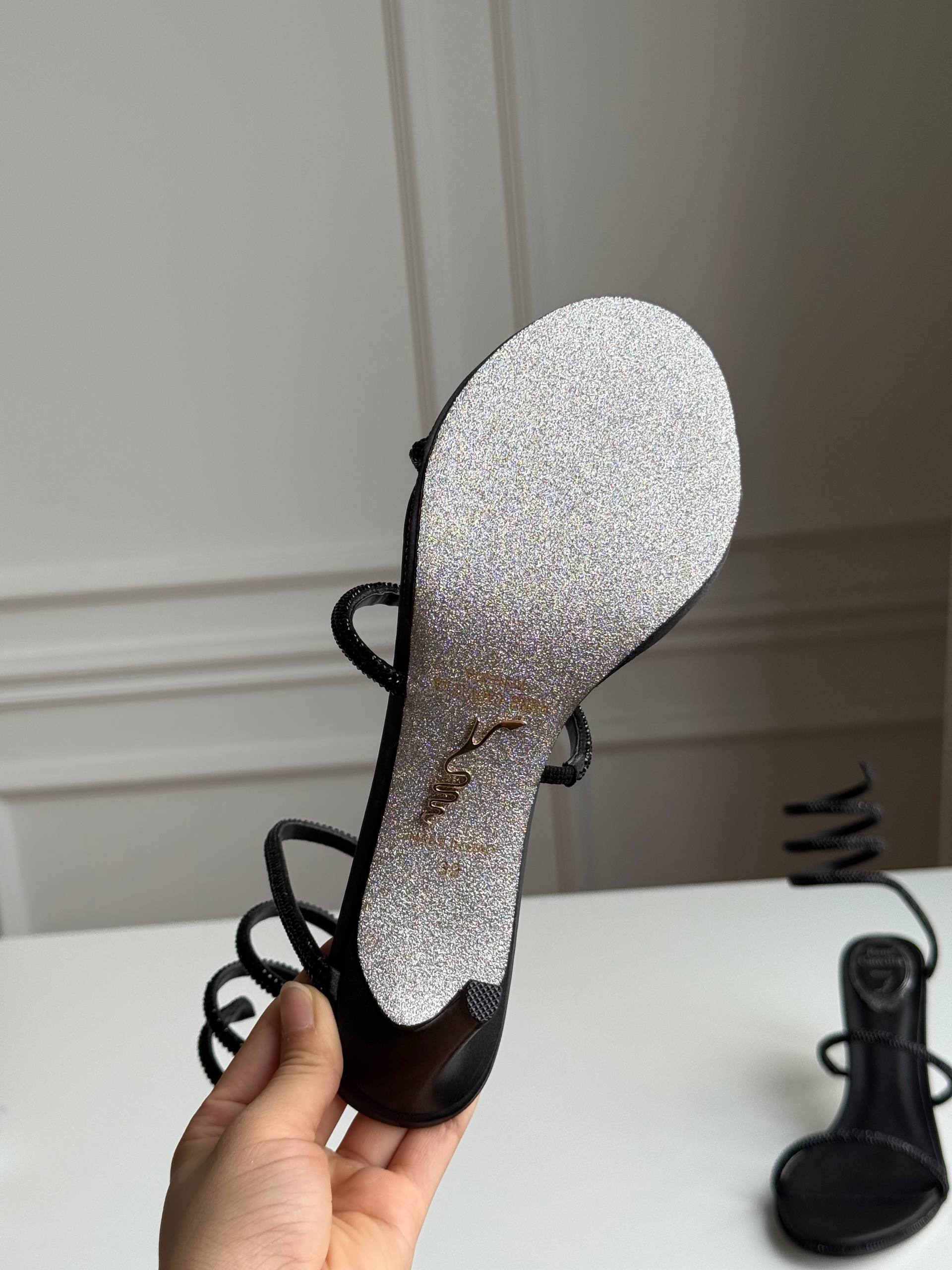 René Caovilla Cleo Crystal-Embellished Black Satin Sandals