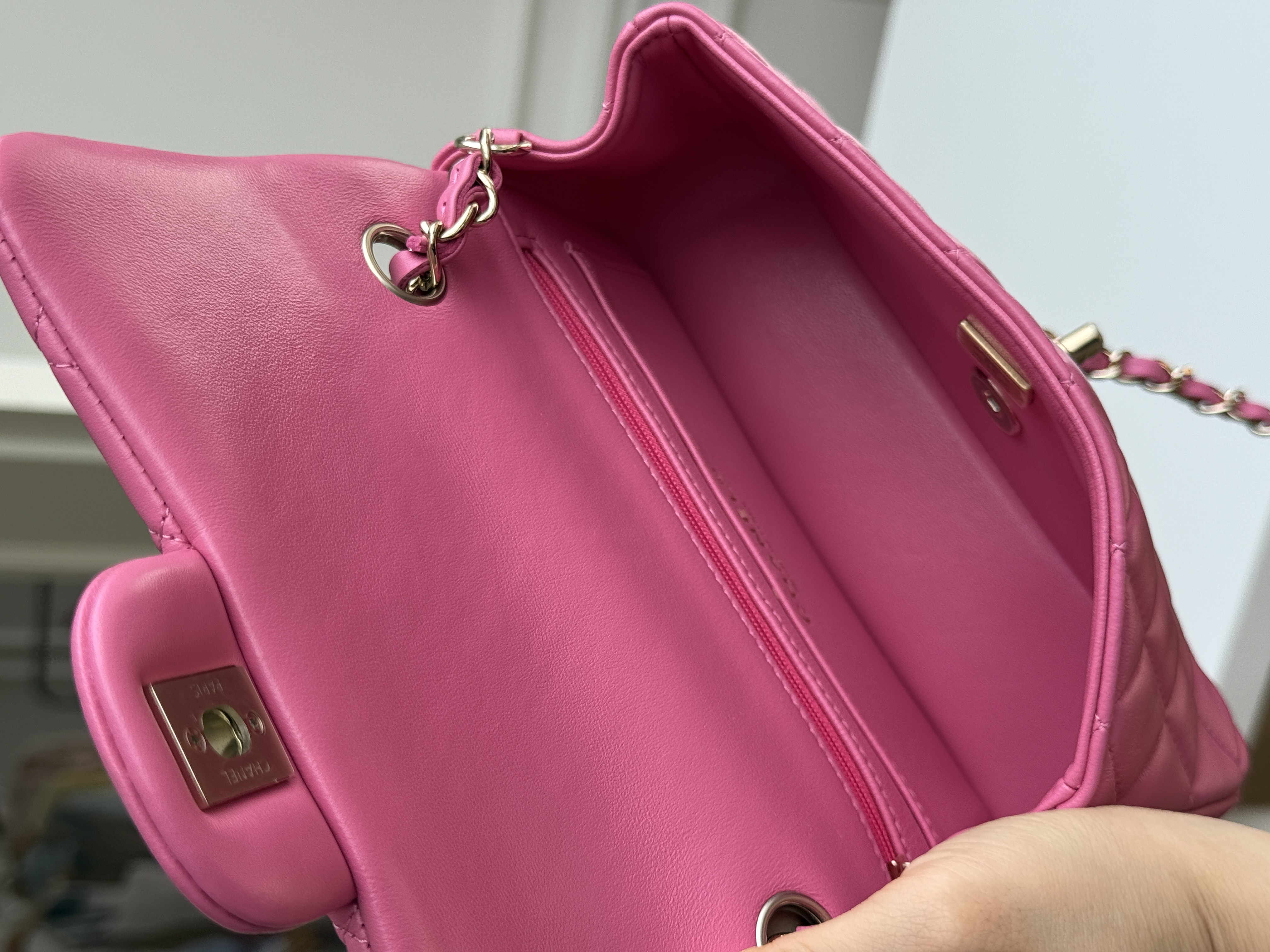 Chanel Hot Pink Lambskin Mini Classic Flap Gold CC Chain Bag