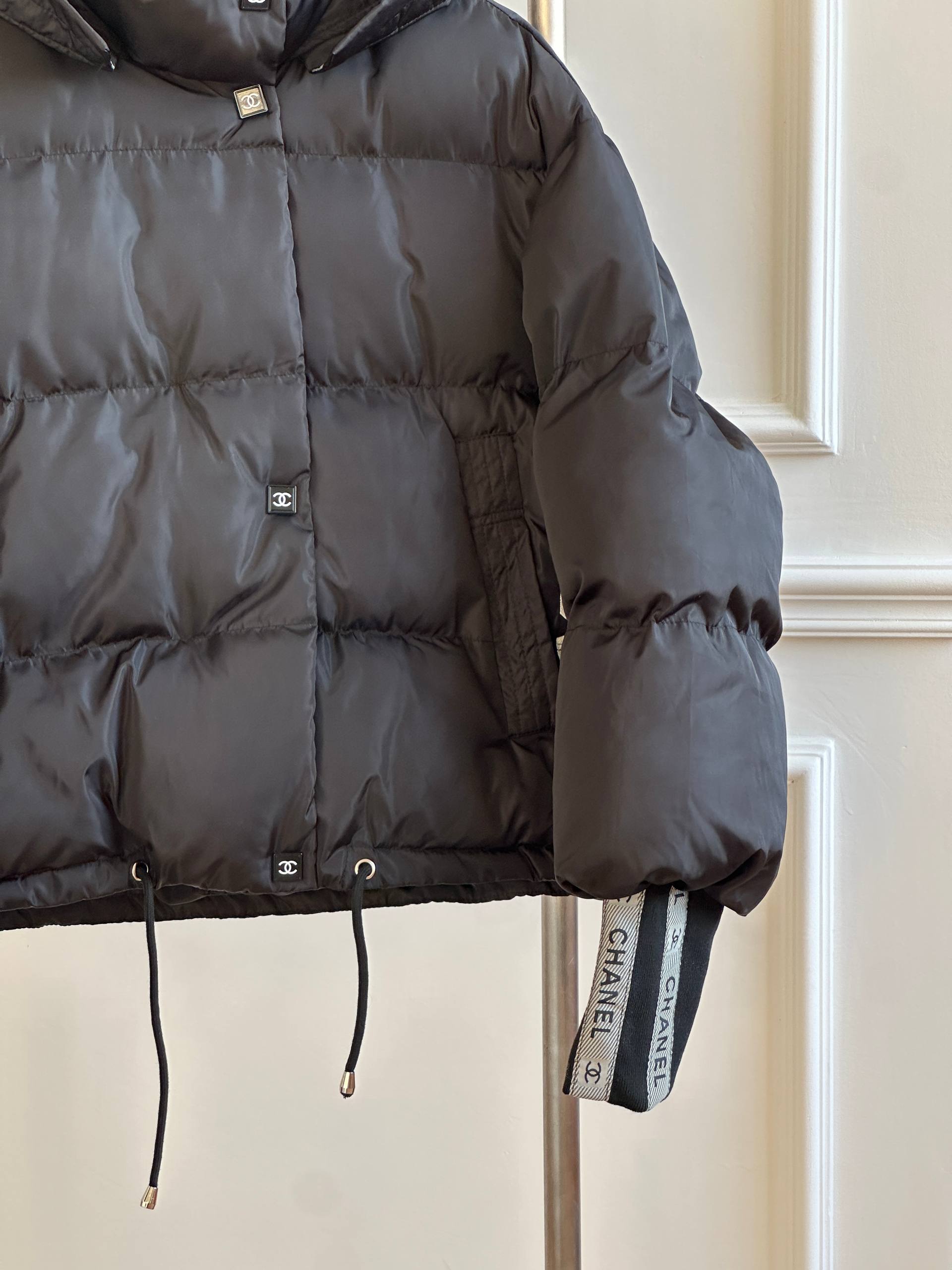 CHANEL Hooded Cropped Puffer Down Jacket with Square CC Patch & Logo Cuff Ribbons