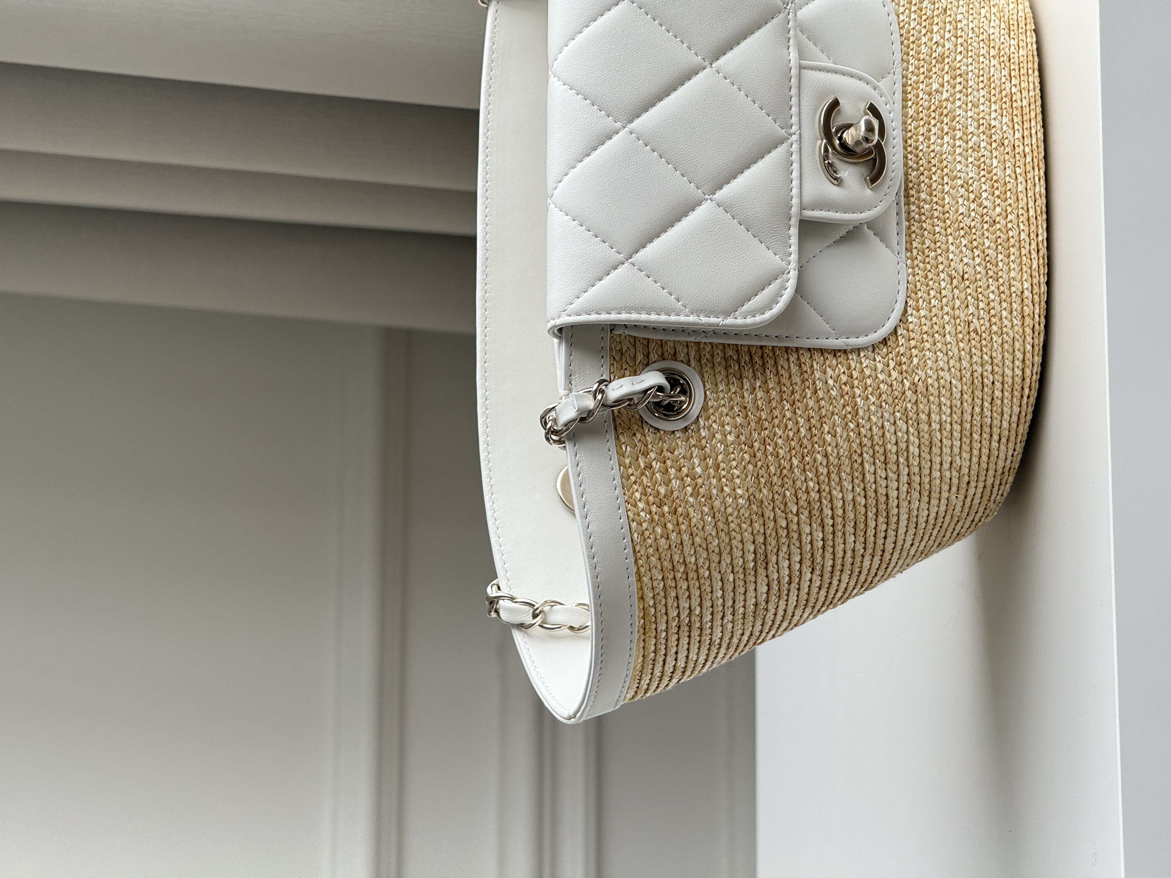 Chanel 26C Raffia & Leather Tote Basket Bag with Attached Pouch