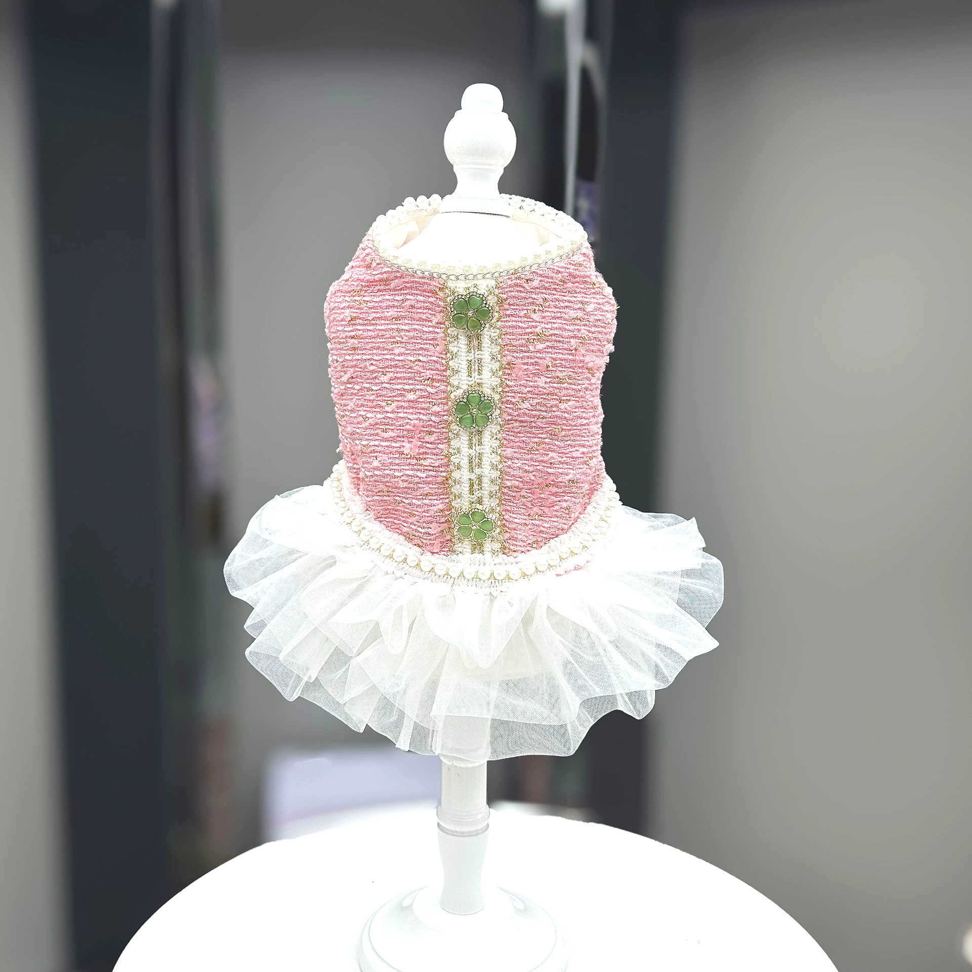 Pink Tweed Tulle Dress Pearl Embellished Outfit for Small Dogs Cats - MAISONKAIRON