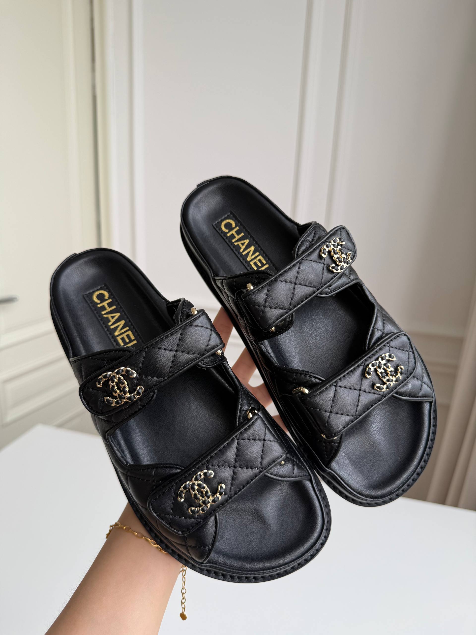Chanel Double C Buckle Quilted Magic Strap Flat Slide Sandals