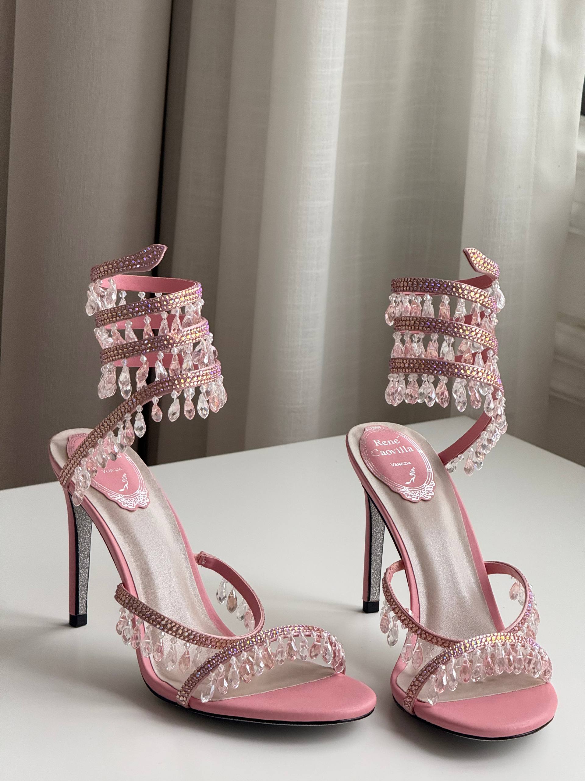 Pink Crystal Tassel Ankle Wrap Open Toe Stiletto Sandals