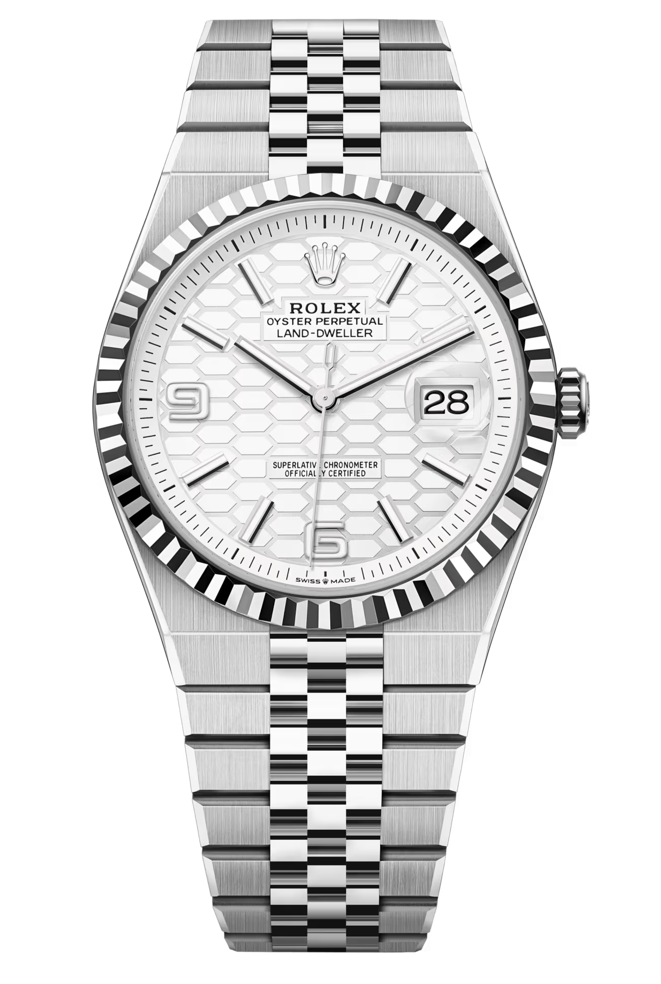 Rolex Land-Dweller 40mm Fluted Bezel White Honeycomb-Motif Dial Flat Jubilee - 127334 - New 2025【1:1 Replica】