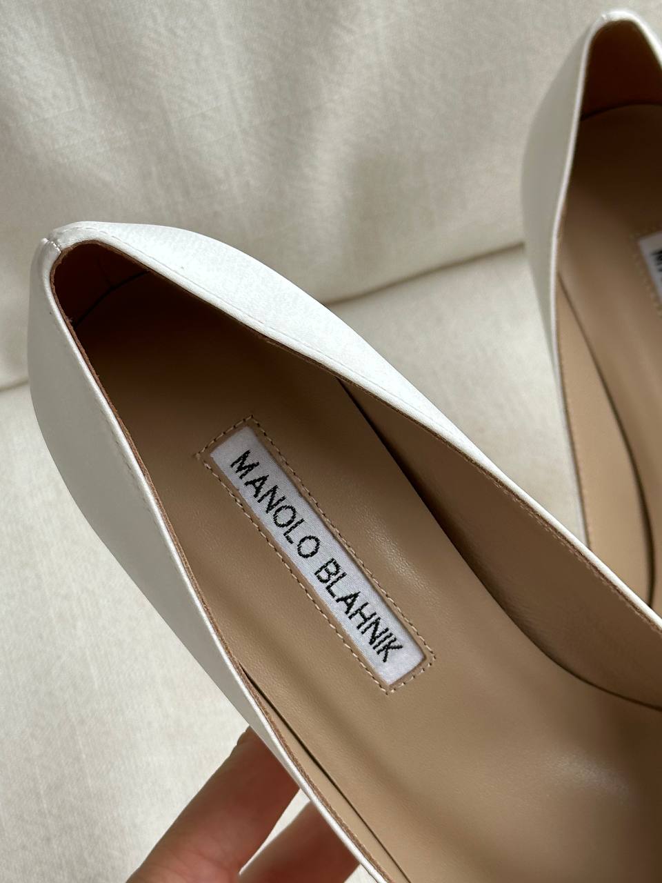 Manolo Blahnik White Satin Crystal Square Buckle Pointed Toe Stiletto Pumps