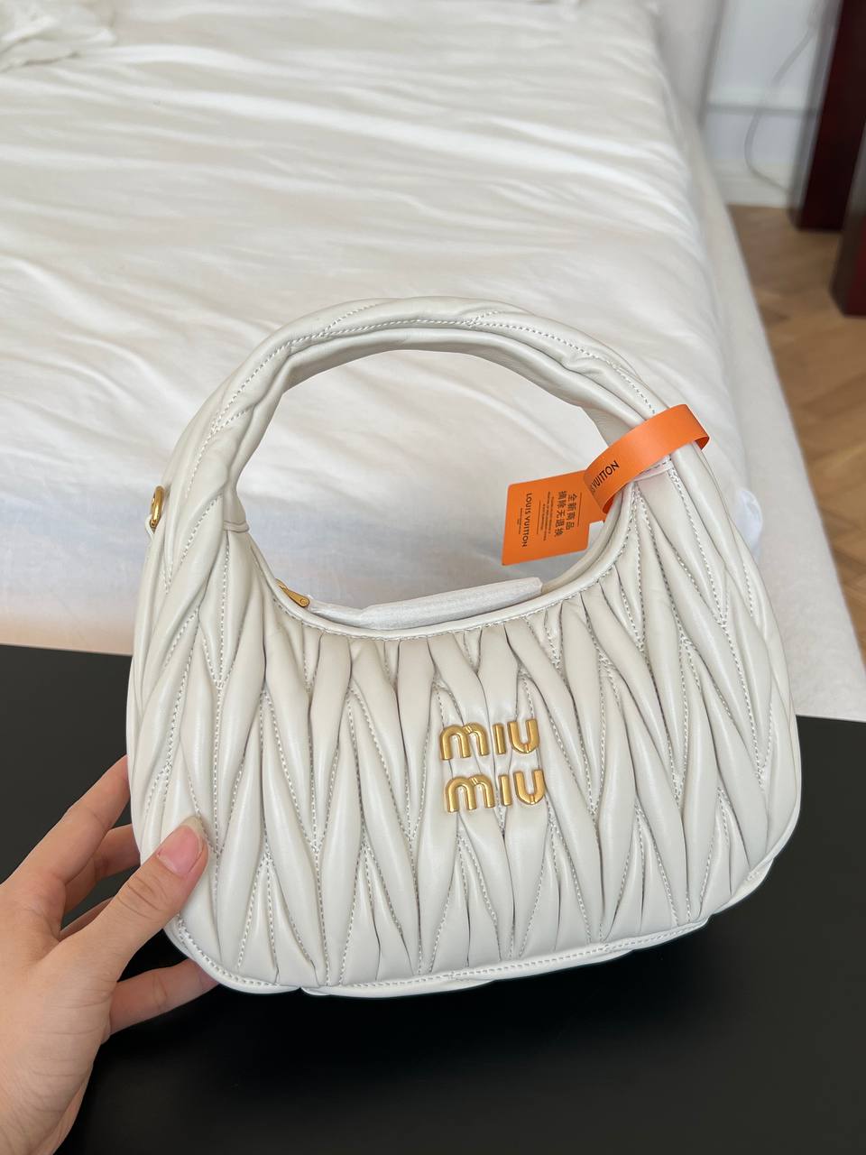 Miu Miu White Matelassé Nappa Leather Mini Hobo Handbag