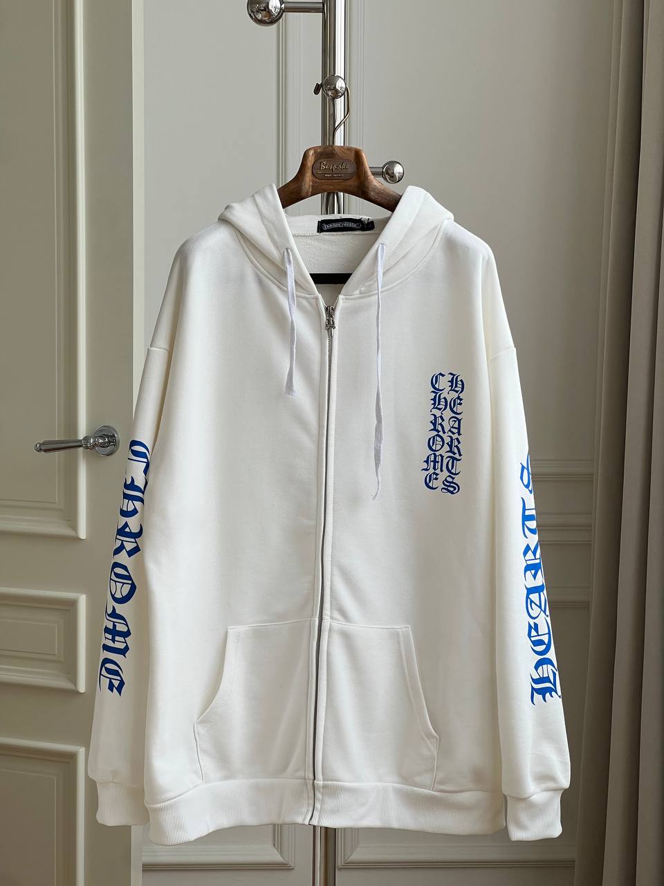 Chrome Hearts White Zip-Up Hooded Jacket With Blue Gothic Vertical Letter Print