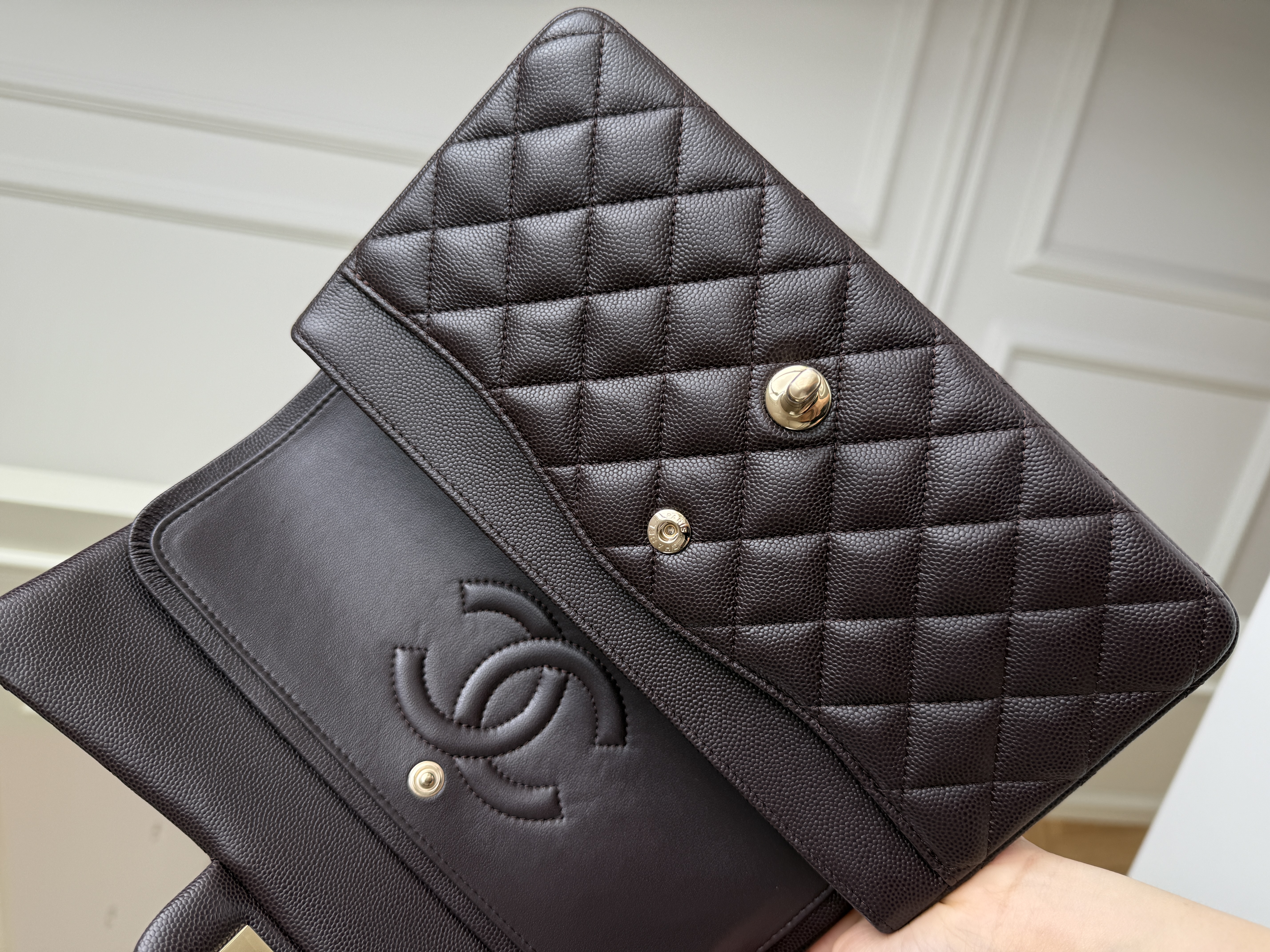 CHANEL Classic Flap Quilted Caviar Leather Bag (Dark Brown with Gold Hardware)