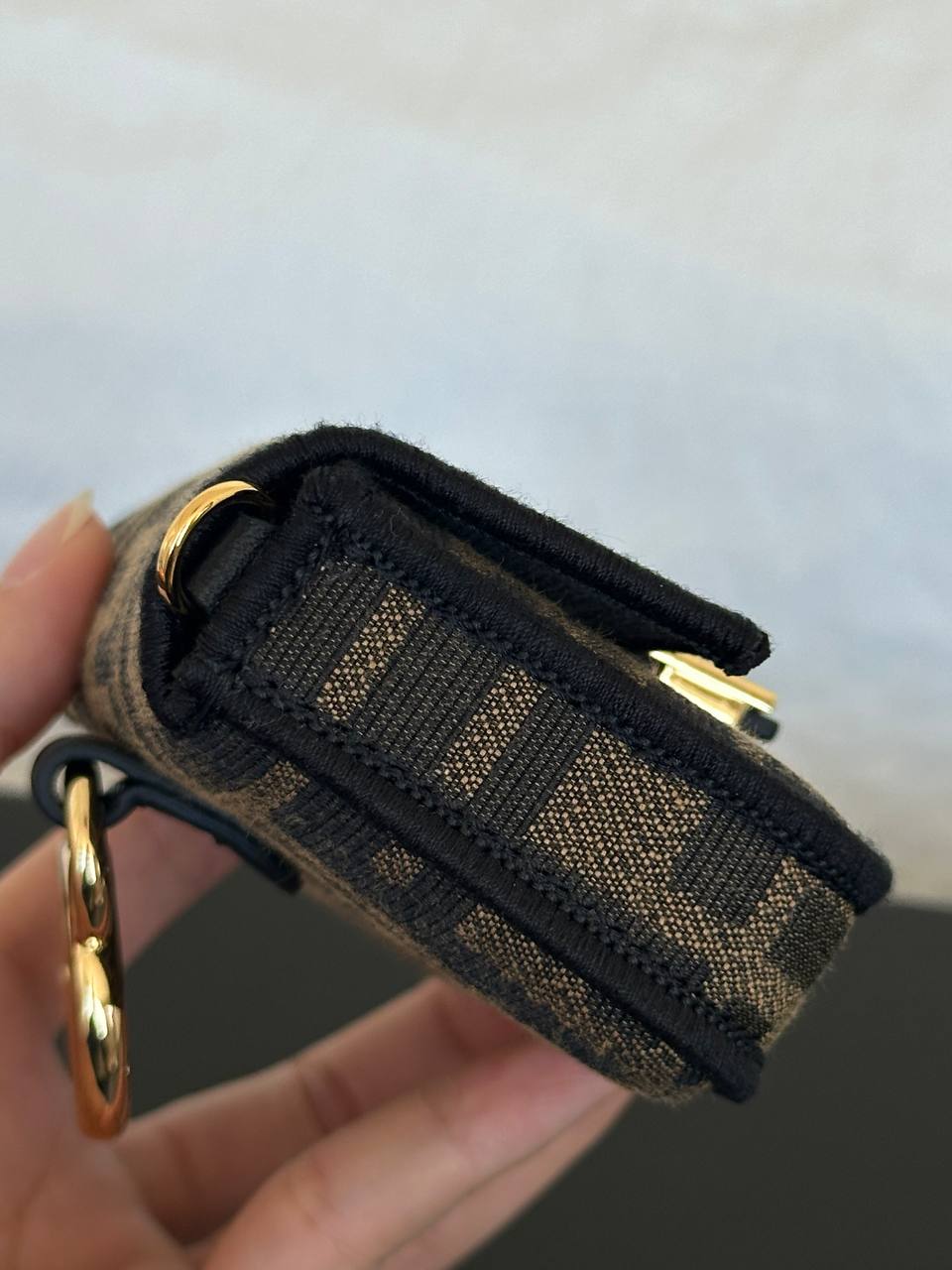 Fendi FF Zucca Canvas Mini Double F Gold Buckle Key Ring Card Coin Pouch