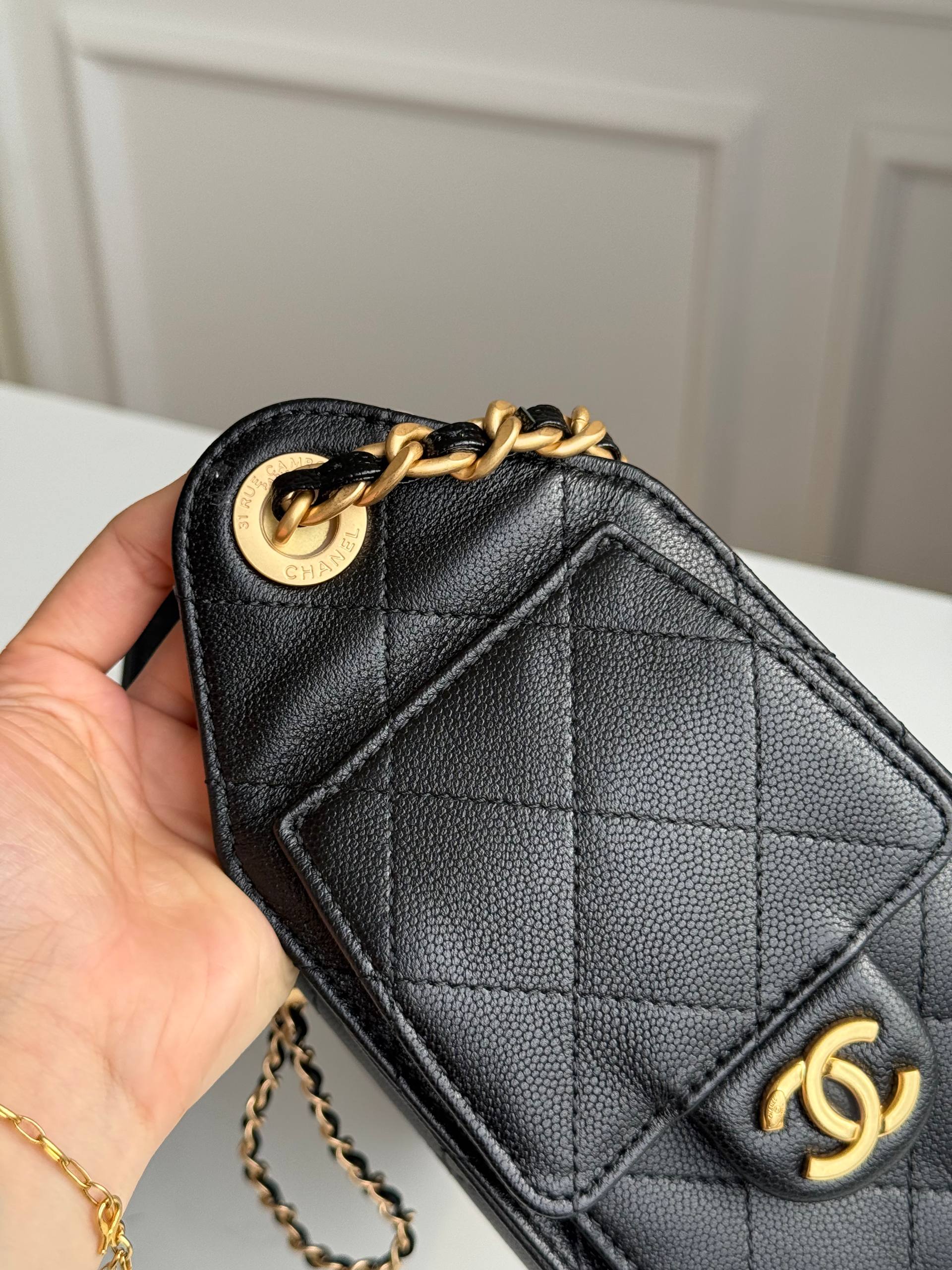 Chanel Caviar Leather Drawstring Bucket Bag with Chain Strap