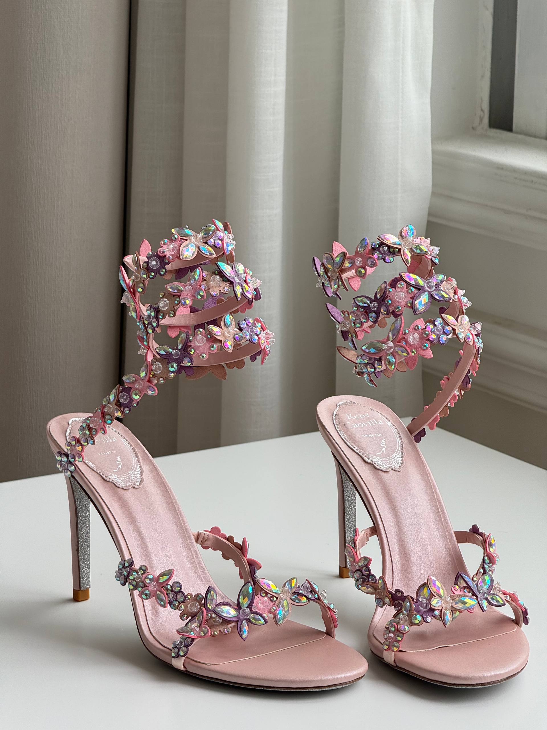 Rene Caovilla Iridescent Crystal Butterfly Wrap-Around Ankle Strap High Heel Sandals