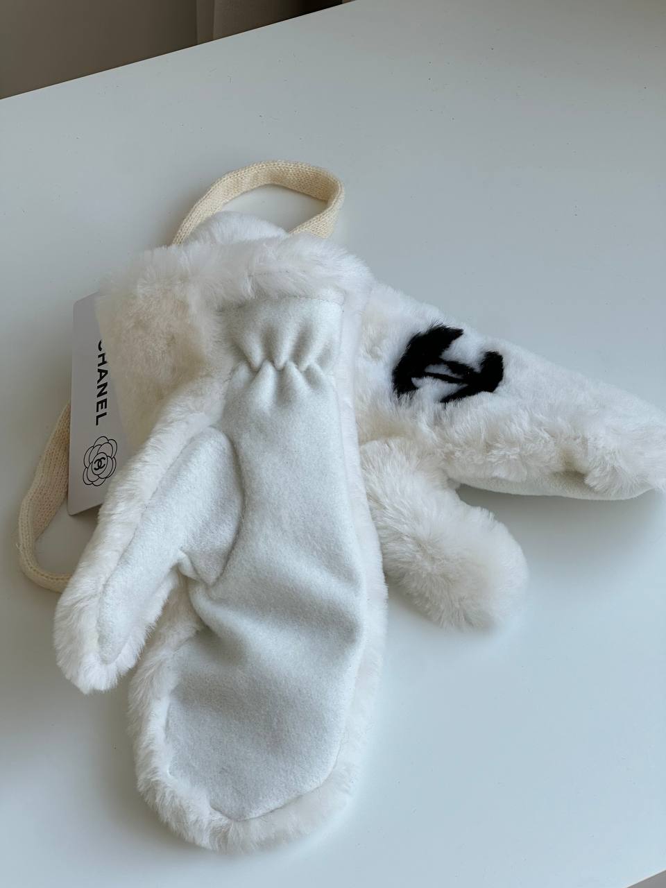 Chanel Off-white Faux Rabbit Fur Mittens With Black CC Embroidery & Neck Strap