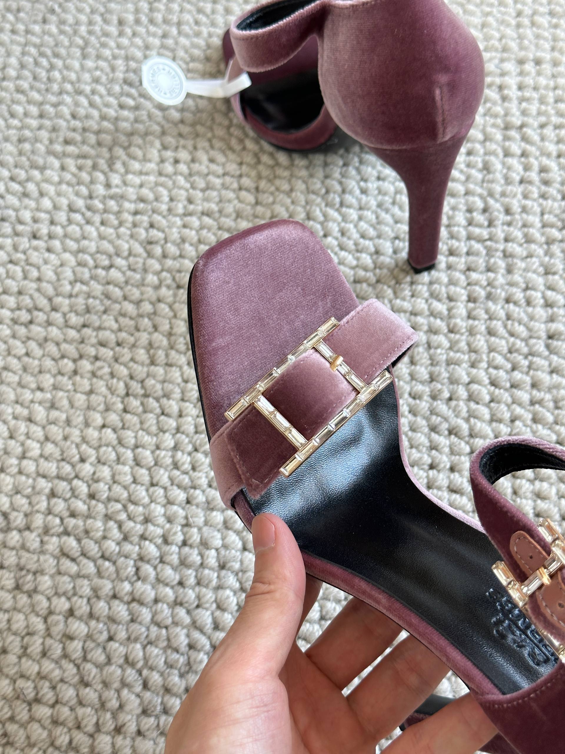 Hermès Dusty Pink Velvet Crystal H Buckle Block Heel Sandals