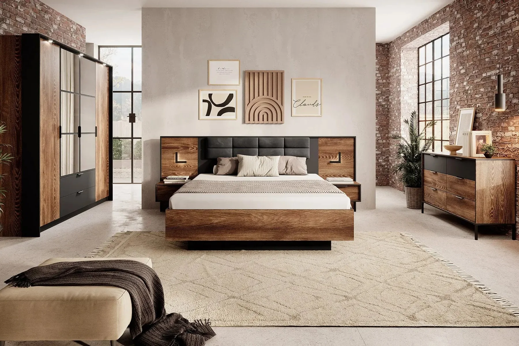 MILTON - Chambre complète adulte moderne avec lit coffre 160 × 200 cm, chevets intégrés, commode et armoire.