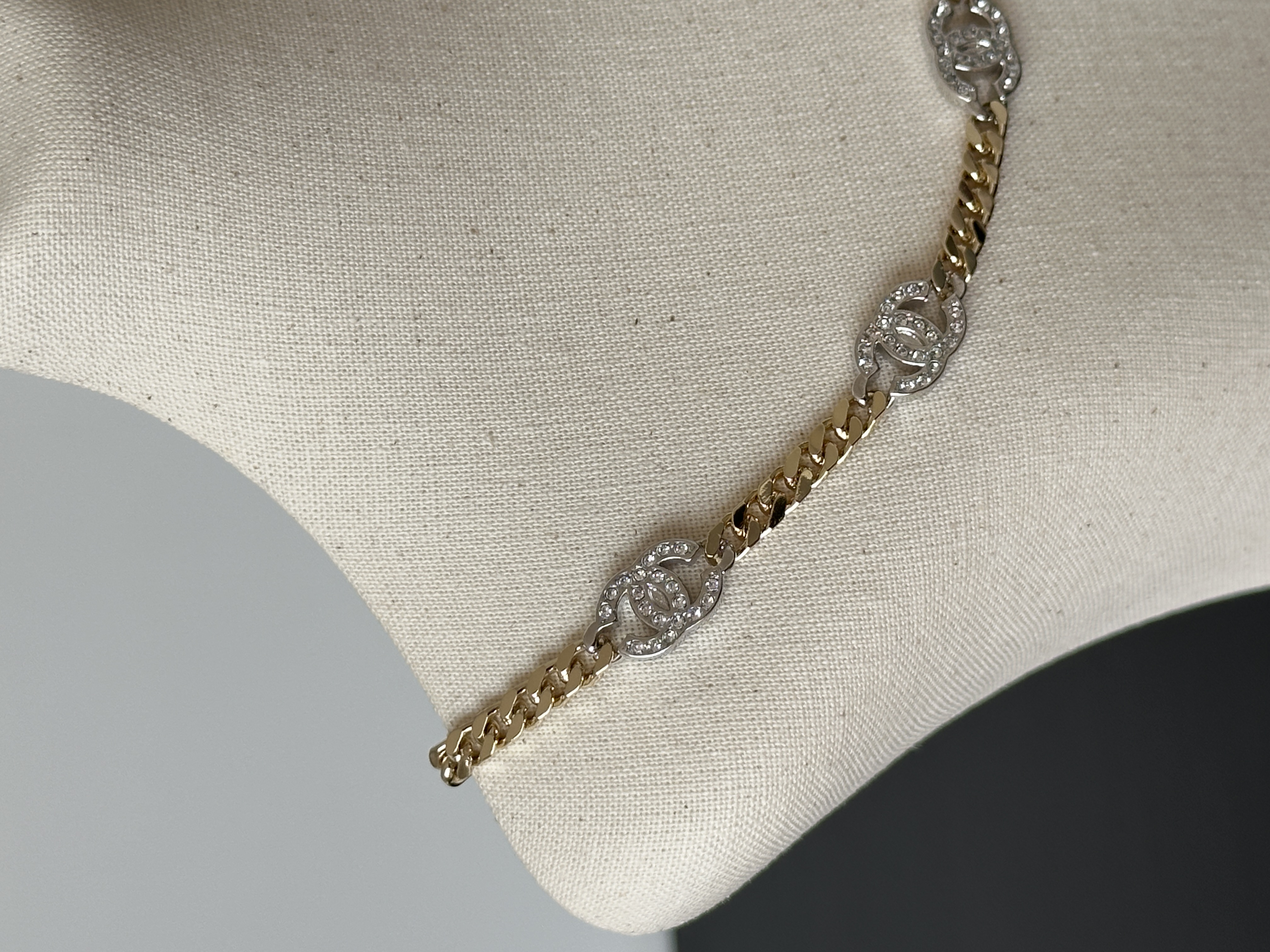 Chanel Two-Tone Gold & Silver Cuban Chain Interlocking CC Link Choker Necklace