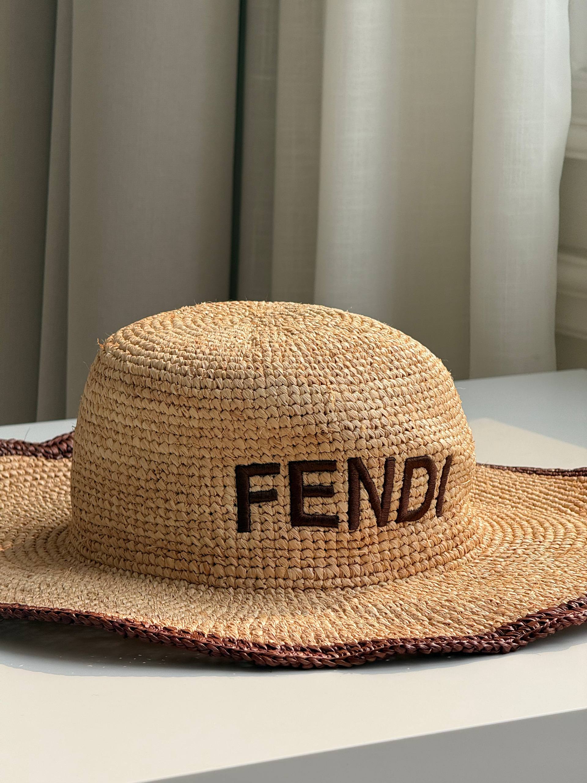 Fendi Logo Embroidery Wavy Brim Raffia Sun Hat