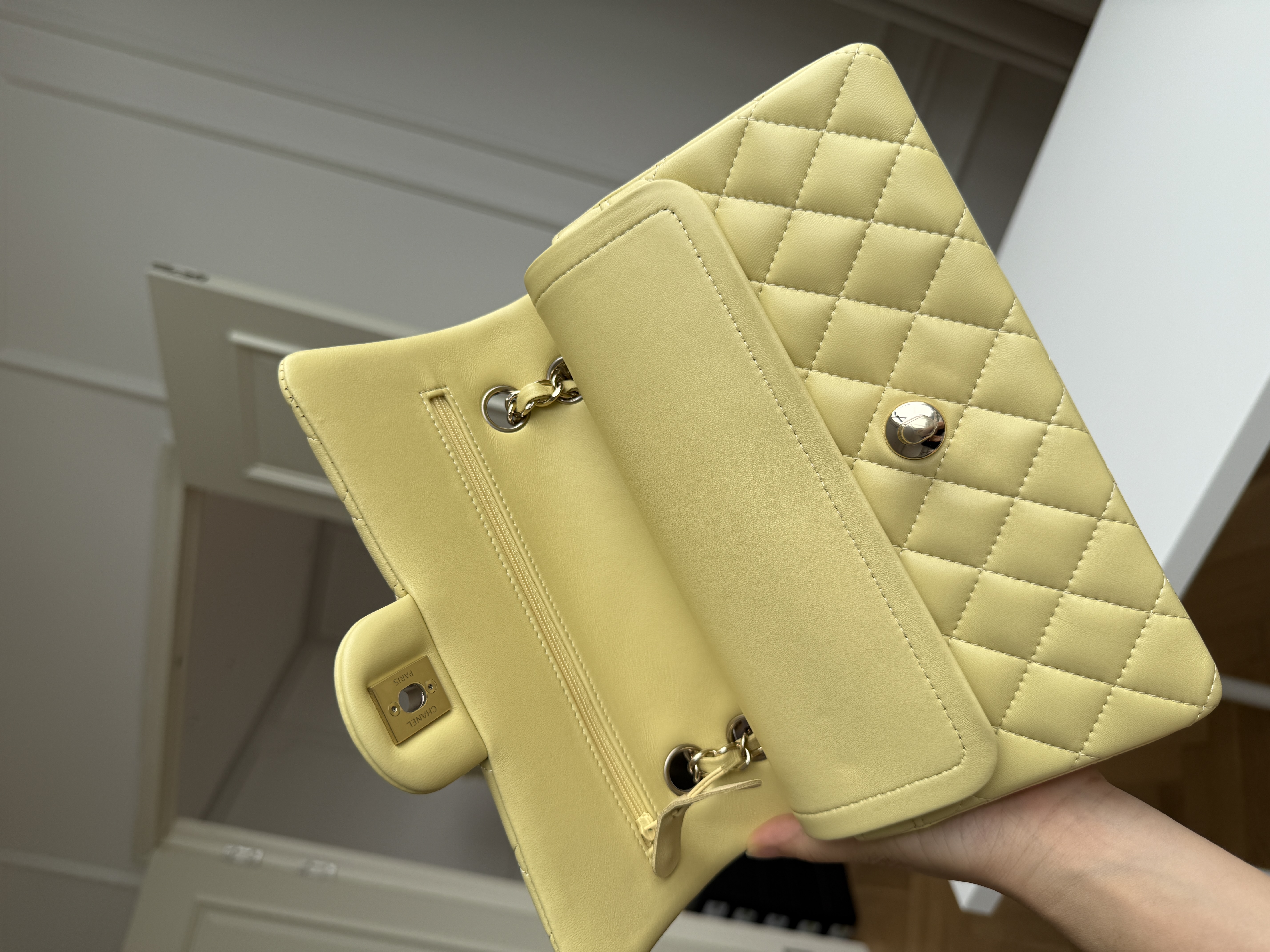 CHANEL Classic Flap Medium, Lambskin Classic Flap Bag in Pale Yellow