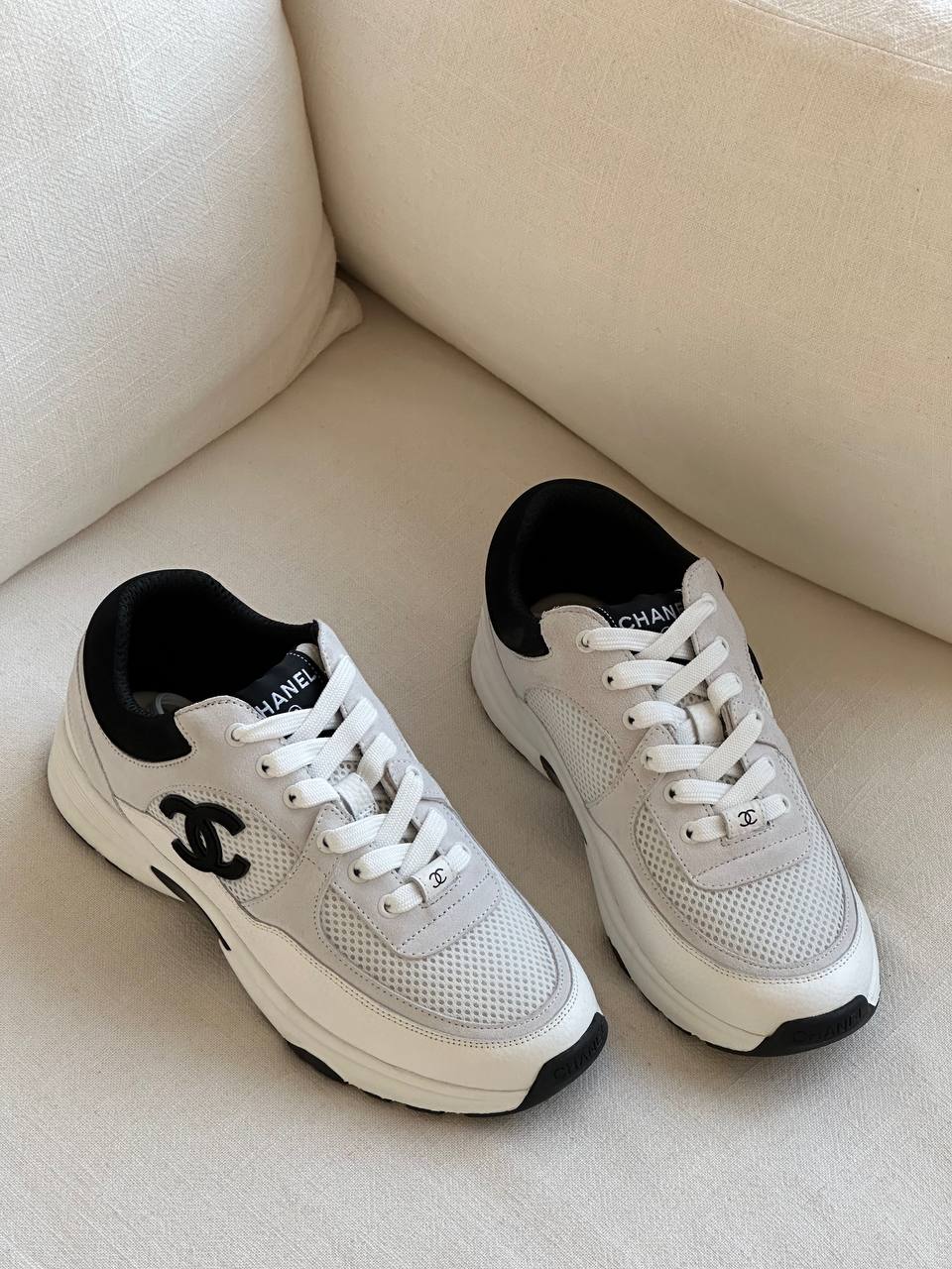 Chanel Gray-white Color-block CC Logo Mesh Suede Chunky Sole Dad Sneakers