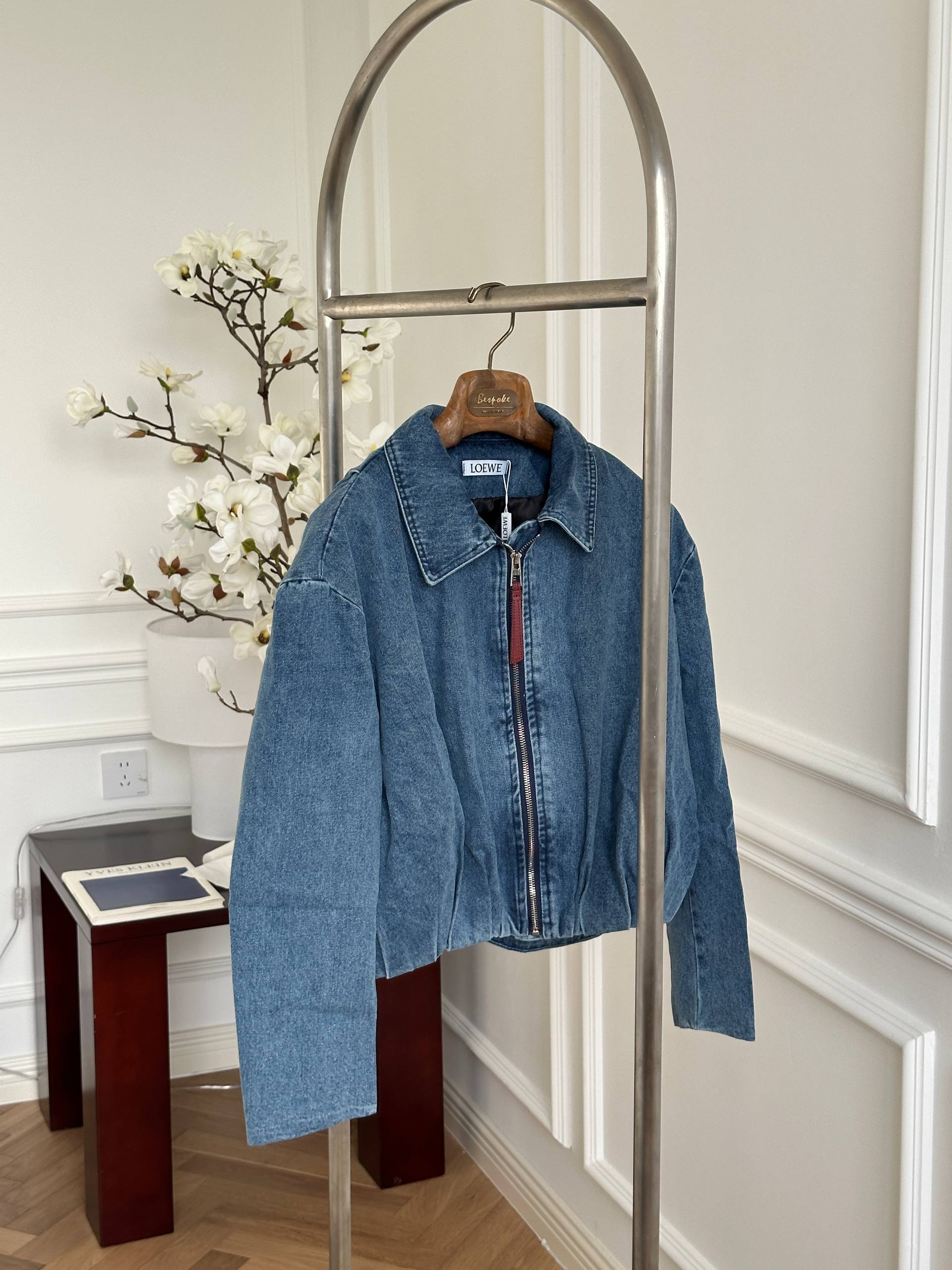 Loewe Washed Denim Gathered Waist Zip Bomber Jacket