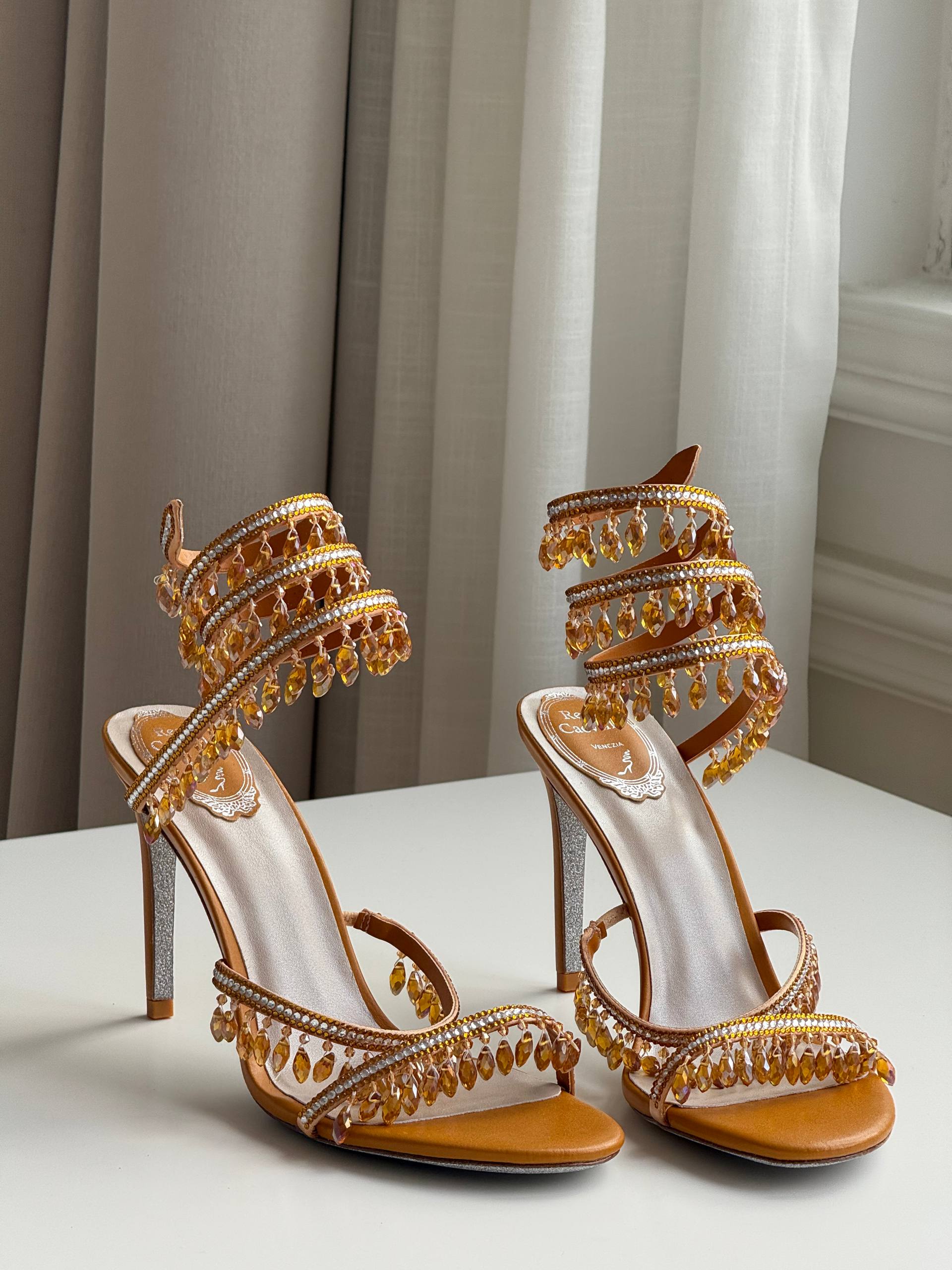 Rene Caovilla Champagne Crystal Ankle Wrap Fringe High Heel Sandals