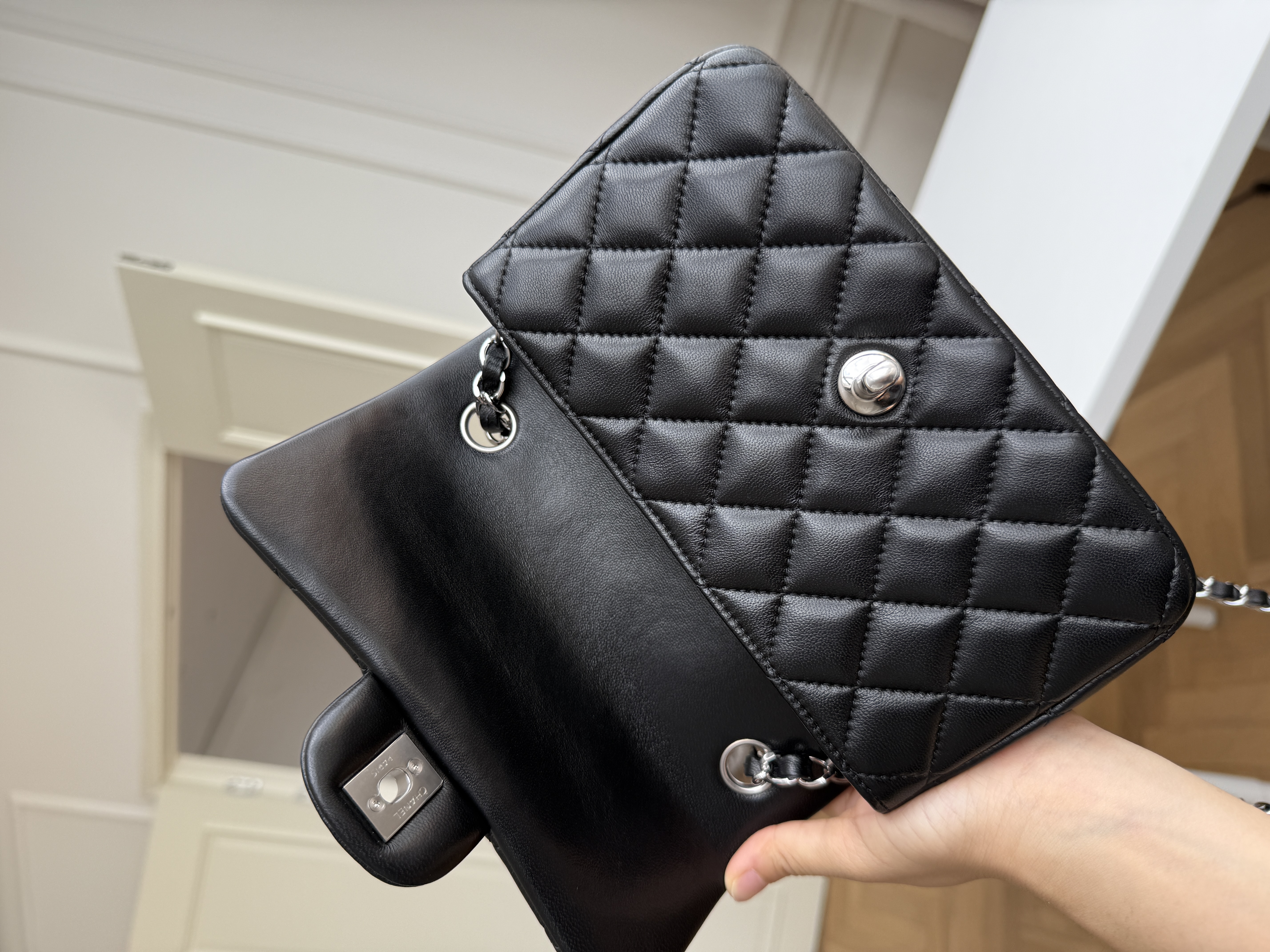 Chanel Black Caviar Leather Classic Flap Silver CC Chain Bag