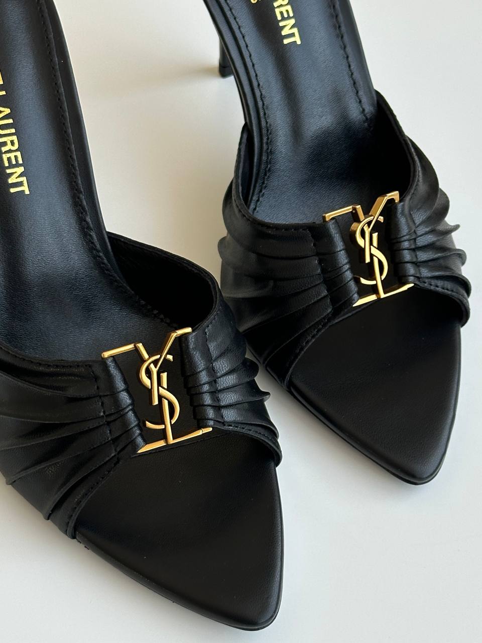 Saint Laurent Black Lambskin Ruched Front Gold YSL Logo Pointed Toe Stiletto Mule Slides