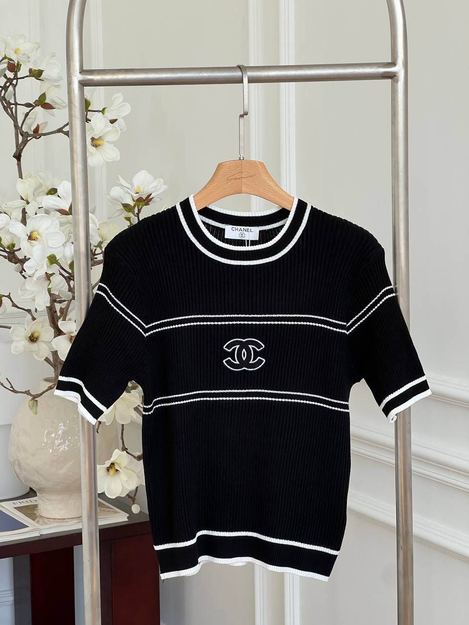Chanel Black White Striped Interlocking CC Embroidery Ribbed Crew Neck Short Sleeve Knit Top