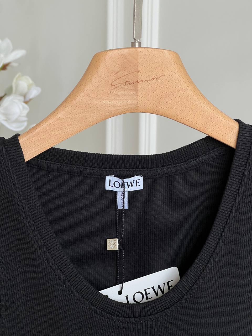 LOEWE Black Ribbed Knit U-Neck Wide Strap Tank Top With White Anagram Embroidery Logo