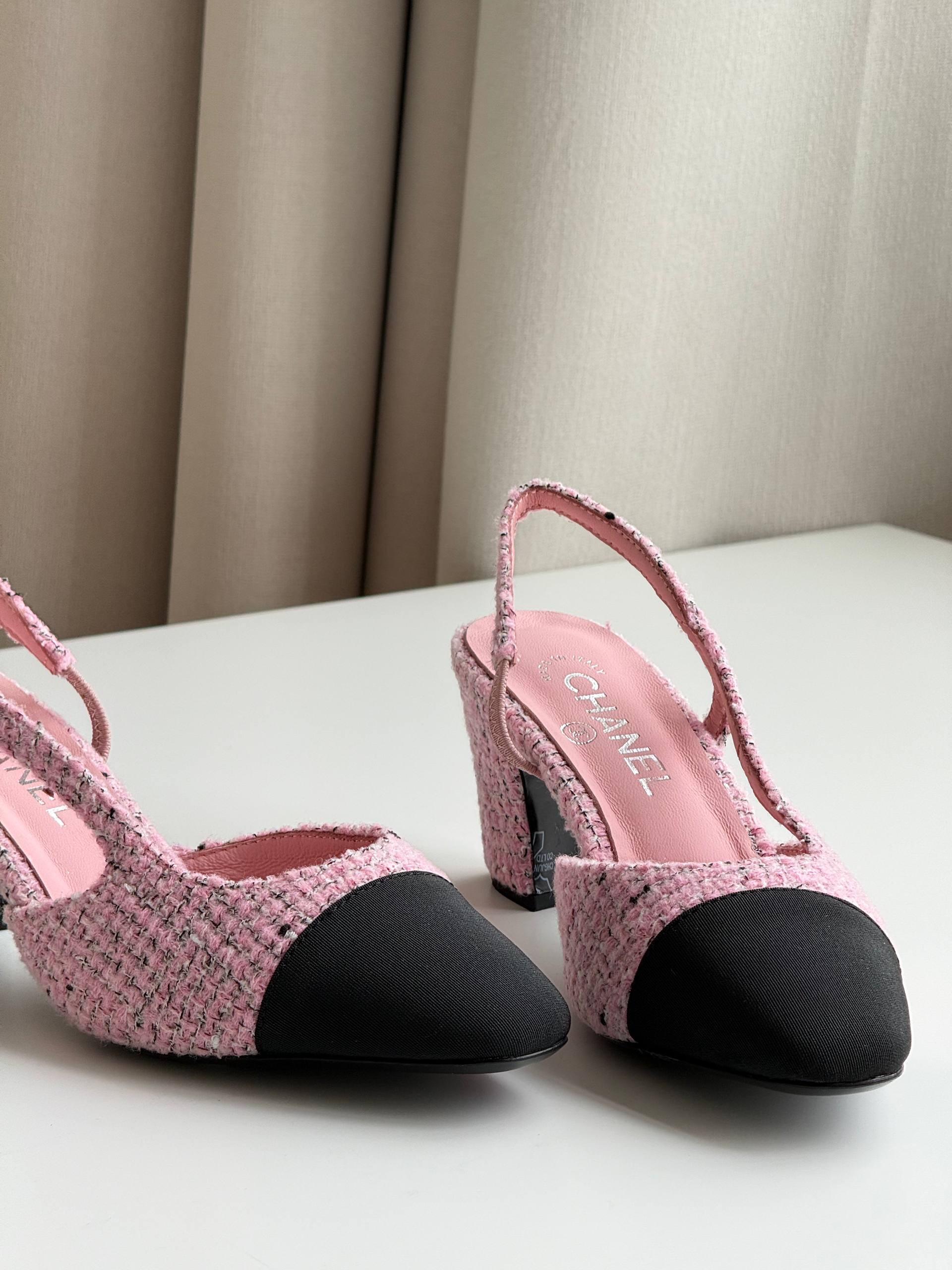 Chanel Two-Tone Tweed Slingback Block Heel Sandals