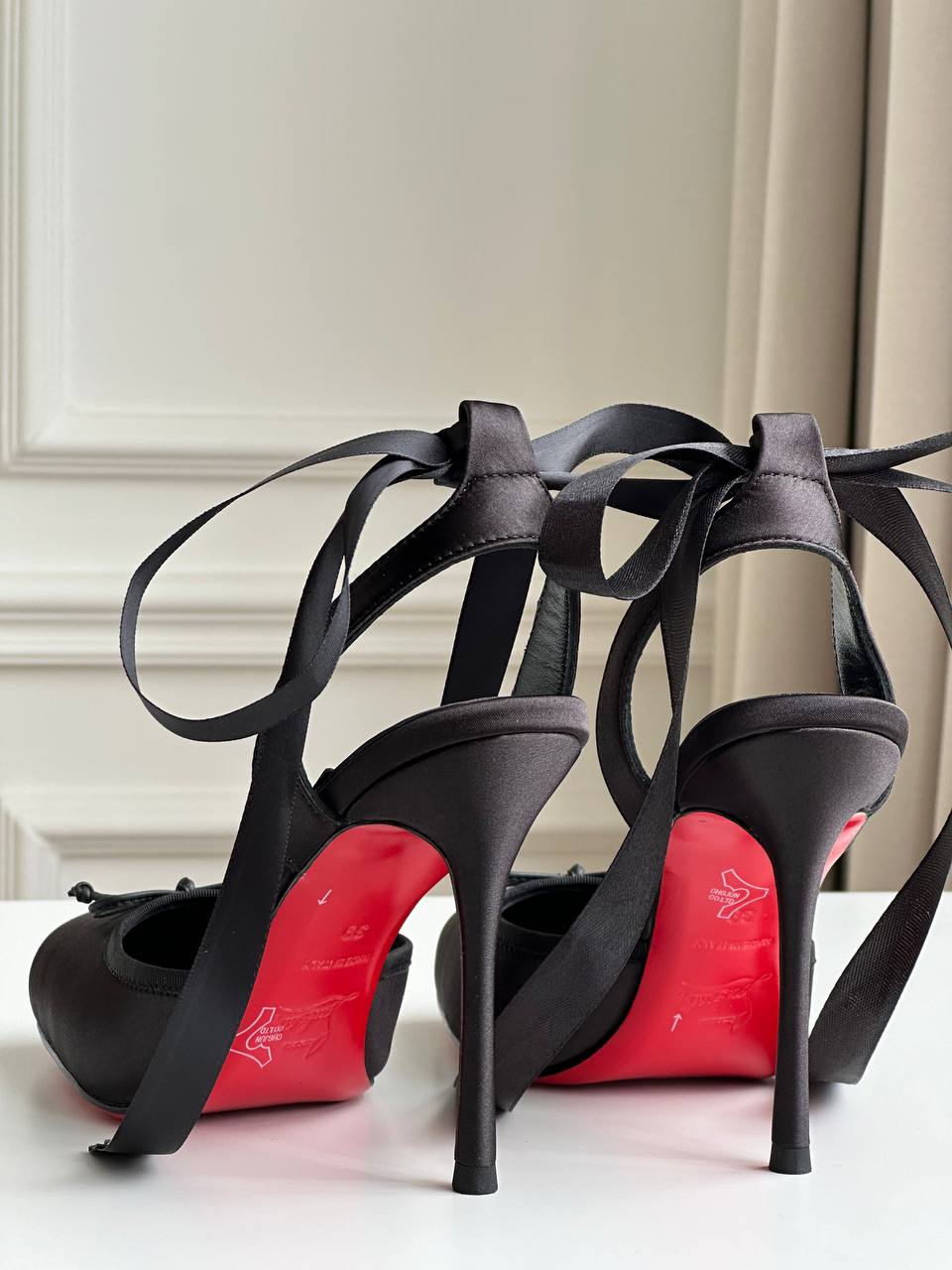 Christian Louboutin Black Satin Double Bow Tie Slingback Stiletto Heels With Iconic Red Sole