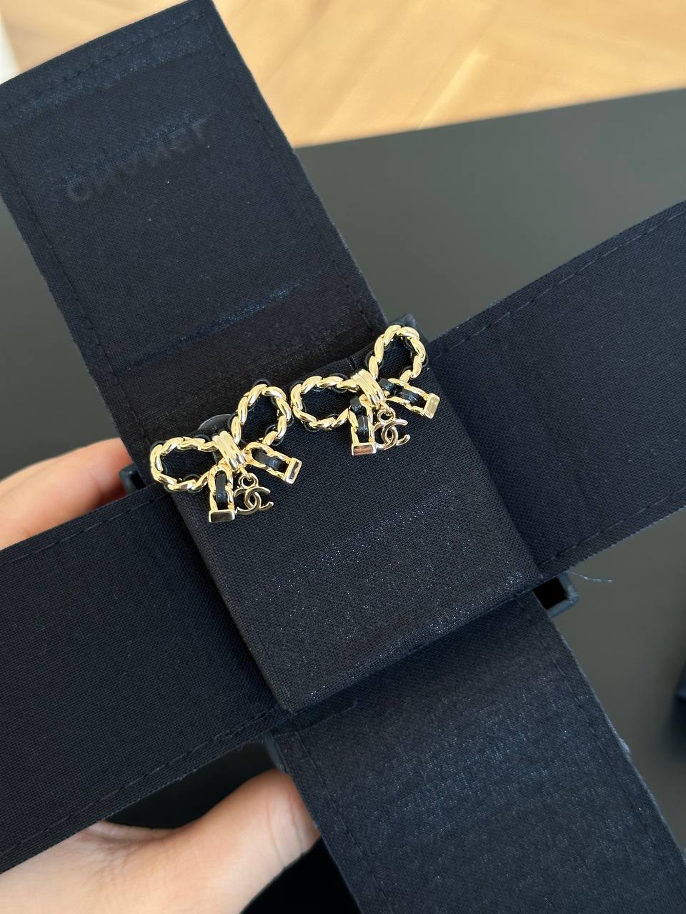 Chanel Shiny Gold Twisted Rope Bow Mini Interlocking CC Drop Stud Earrings