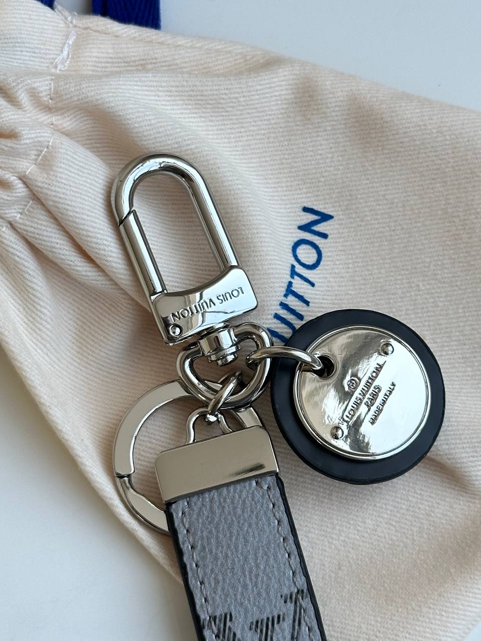Louis Vuitton Monogram Eclipse Leather Strap Round LV Metal Plate Keychain Bag Charm