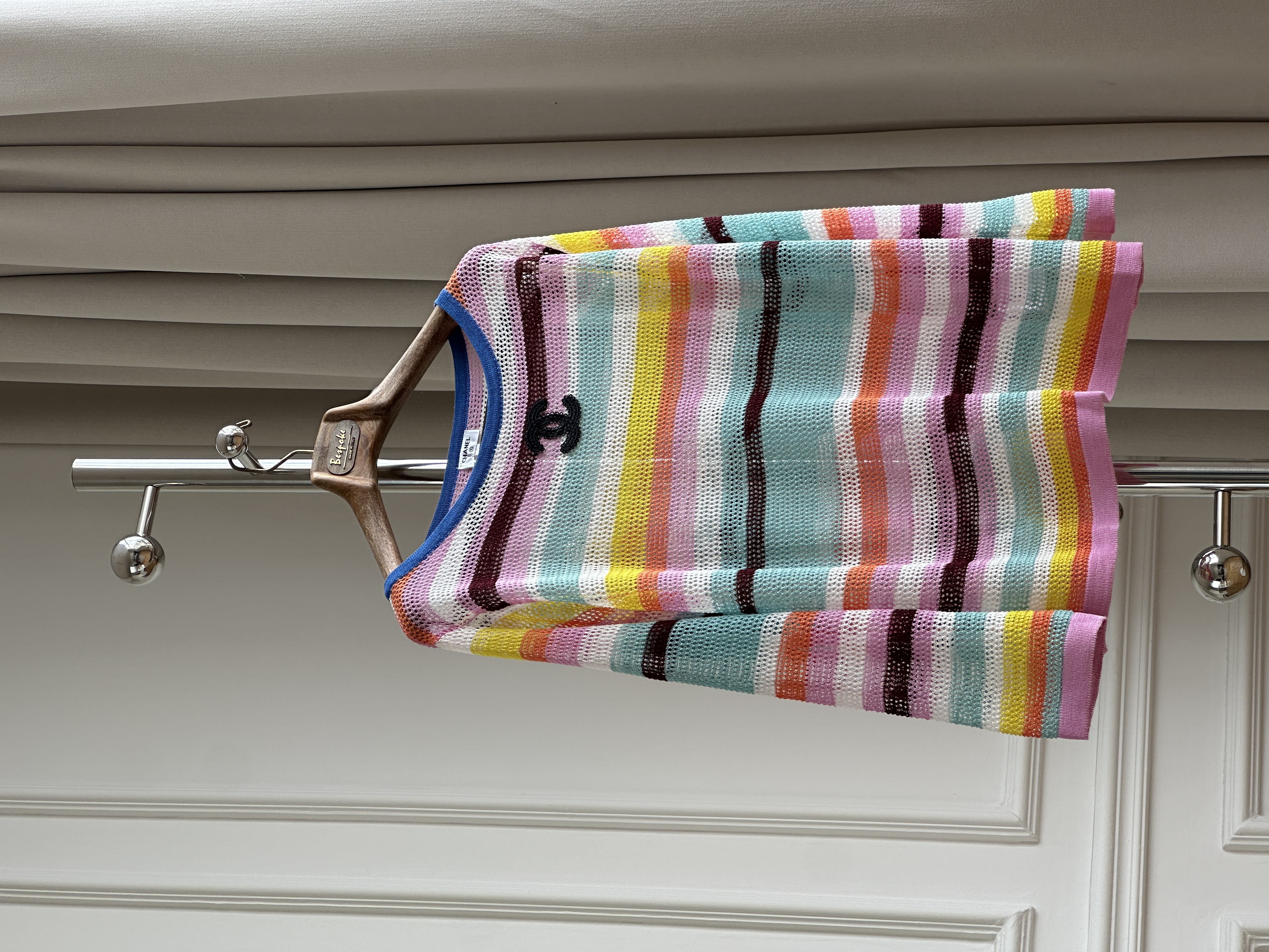 Chanel Macaron Rainbow Stripe Hollow Mesh Knit Top With Black Embroidered Interlocking CC Logo